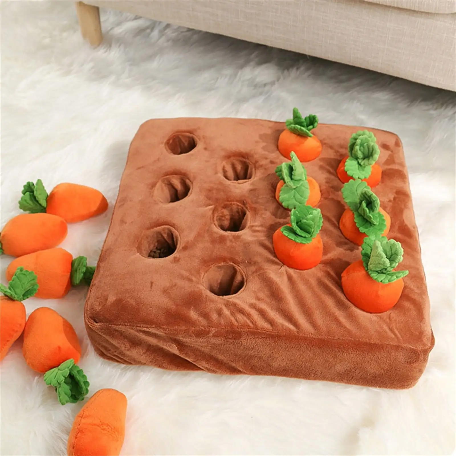 Brother Teddy Interactive Dog Toys .Squeak Carrot Snuffle Mat for Dogs Plush Puzzle Toys 2 In 1 Non-Slip Nosework Feed Games for Pet Stress Relief with Carrots Orange 13.78X13.78