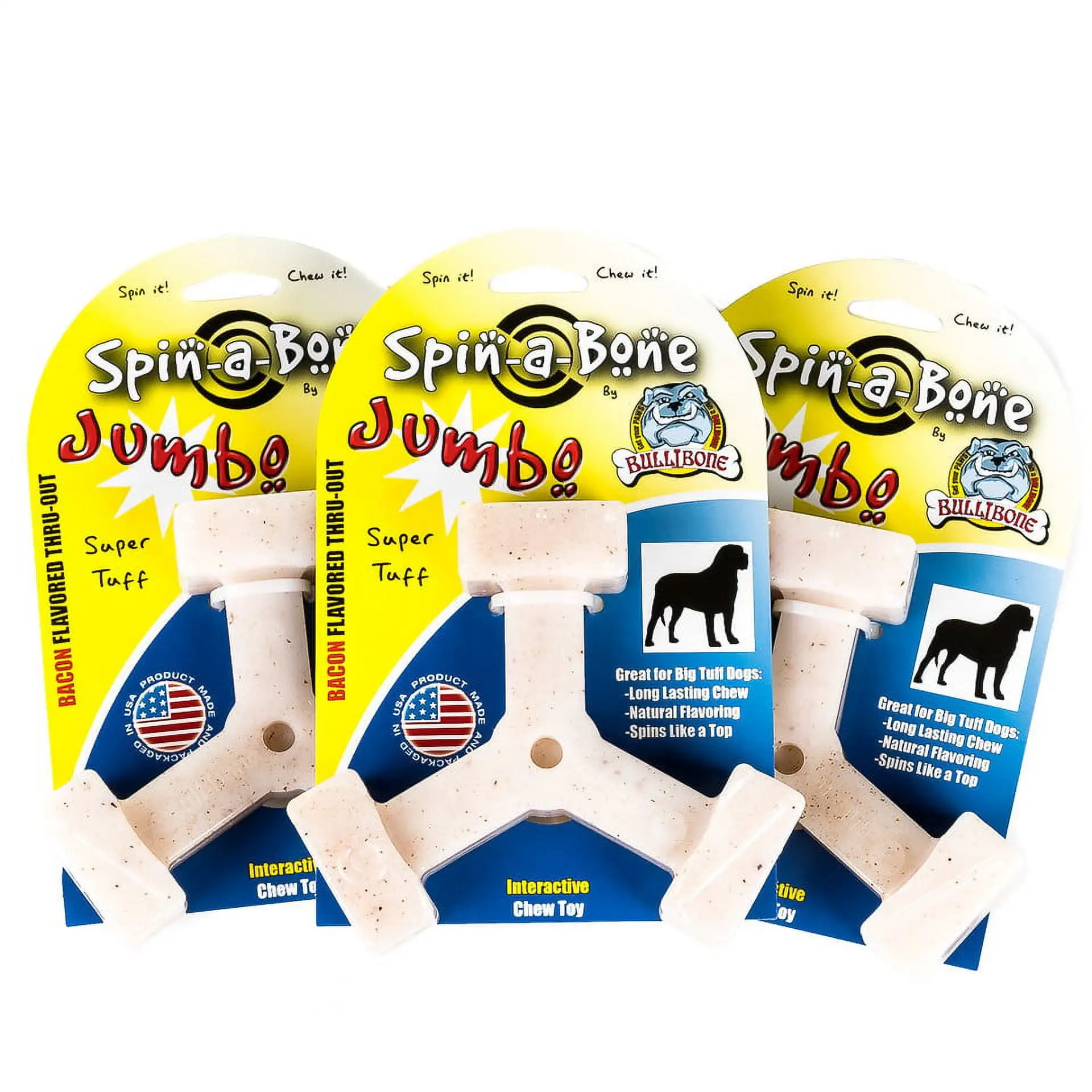 Bullibone Jumbo Bacon Spin-a-Bone Heavy Chewer Dog Bone - Interactive Dog Chew Toys. Triggers Natural Instincts. and Improves Oral Health - 3 Pack