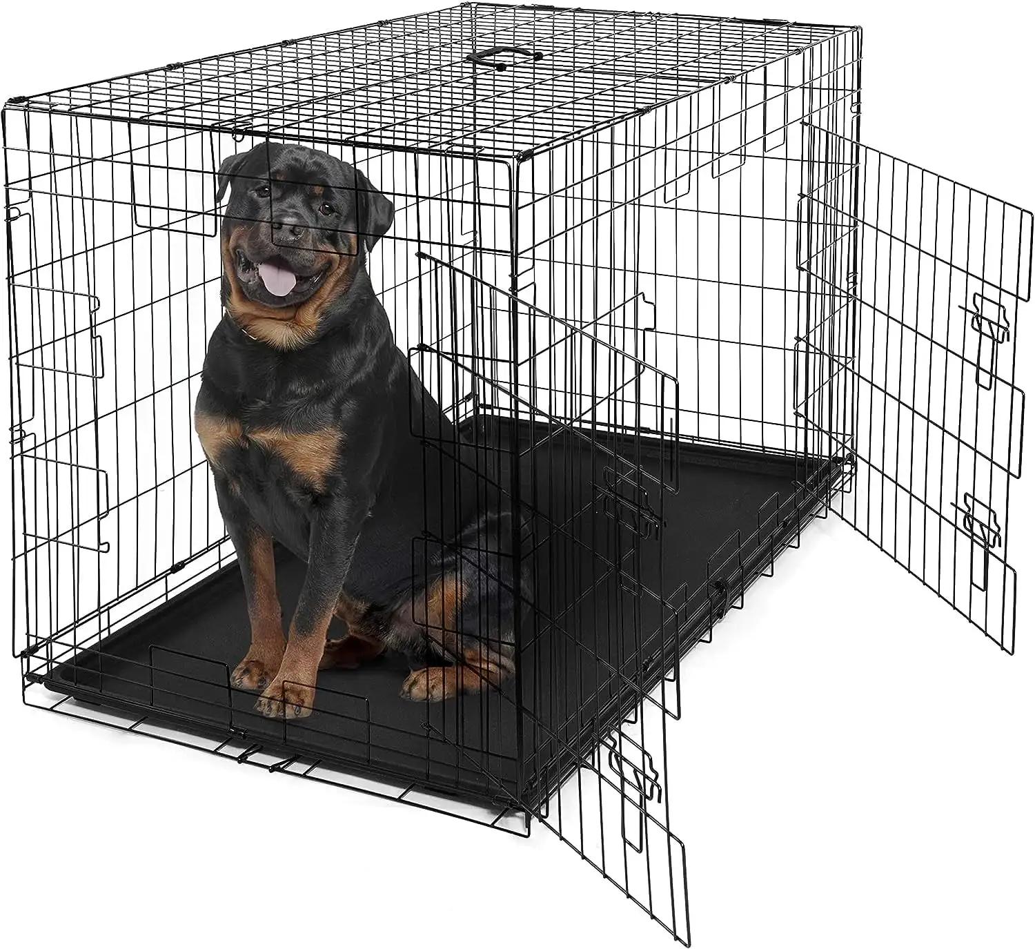 CAPHAUS Foldable Dog Crate Wire Metal Dog Kennel w/ Leak-Proof Pan & Protecting Feet & Divider Panel. Single or Double Door. Small. Medium & Large Dog Crate Indoor Wire Dog Cage. 48 w/ Double Doors