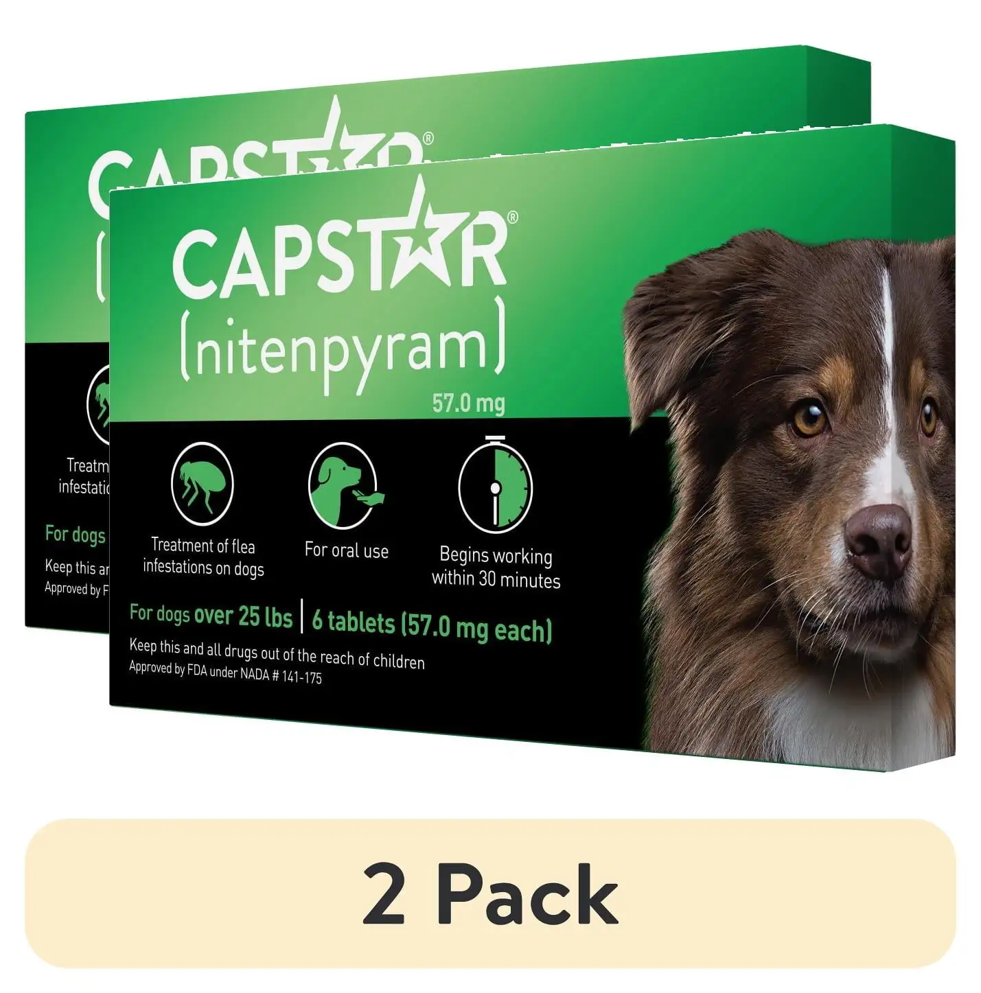 (2 pack) CAPSTAR (Nitenpyram) Fast-Acting Oral Flea Treatment for Large Dogs (over 25 lbs). 6 Tablets. 57 mg