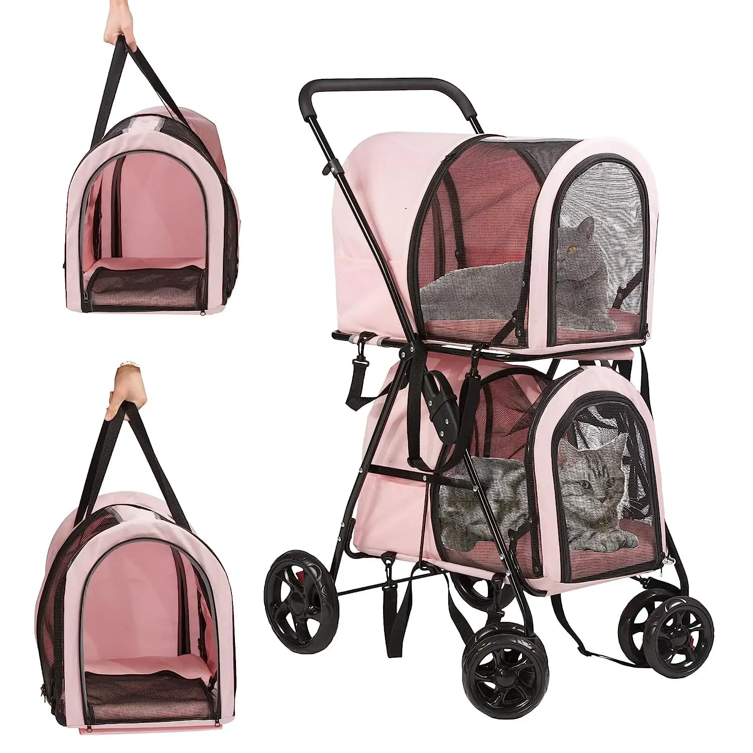 CARSTY Foldable Pet Stroller with 2 Detachable Carrier Bags. Dog Stroller with Lockable Wheels. Safety Belt. Portable Double Dog Stroller for Small Medium Dogs Cats. Pink