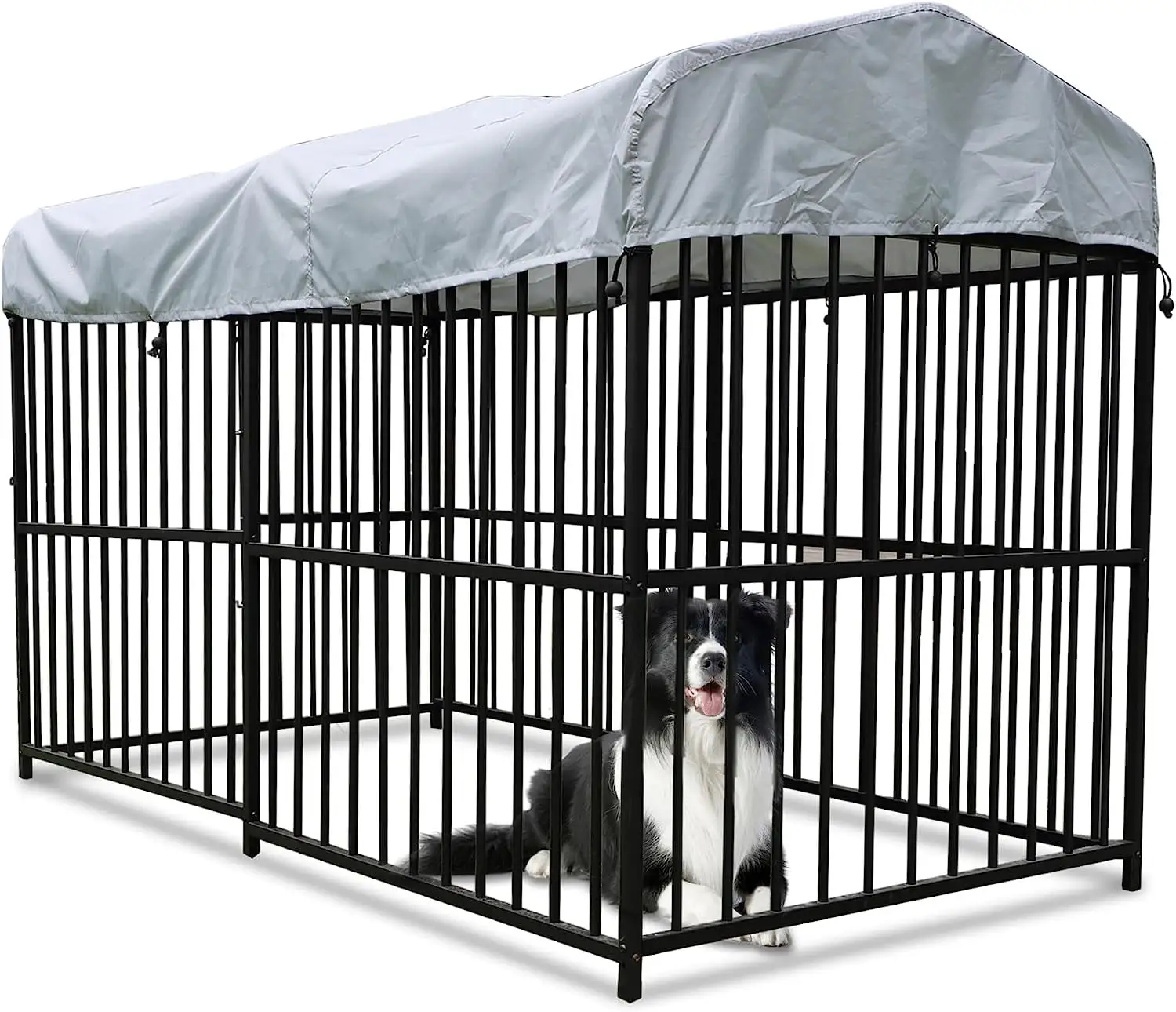 CARSTY Large Wrought Iron Dog Kennel Enclosures for Outdoor. Heavy Duty Playpen Crate Pet Kennel with Waterproof UV-Resistant Cover and Secure Lock. Black