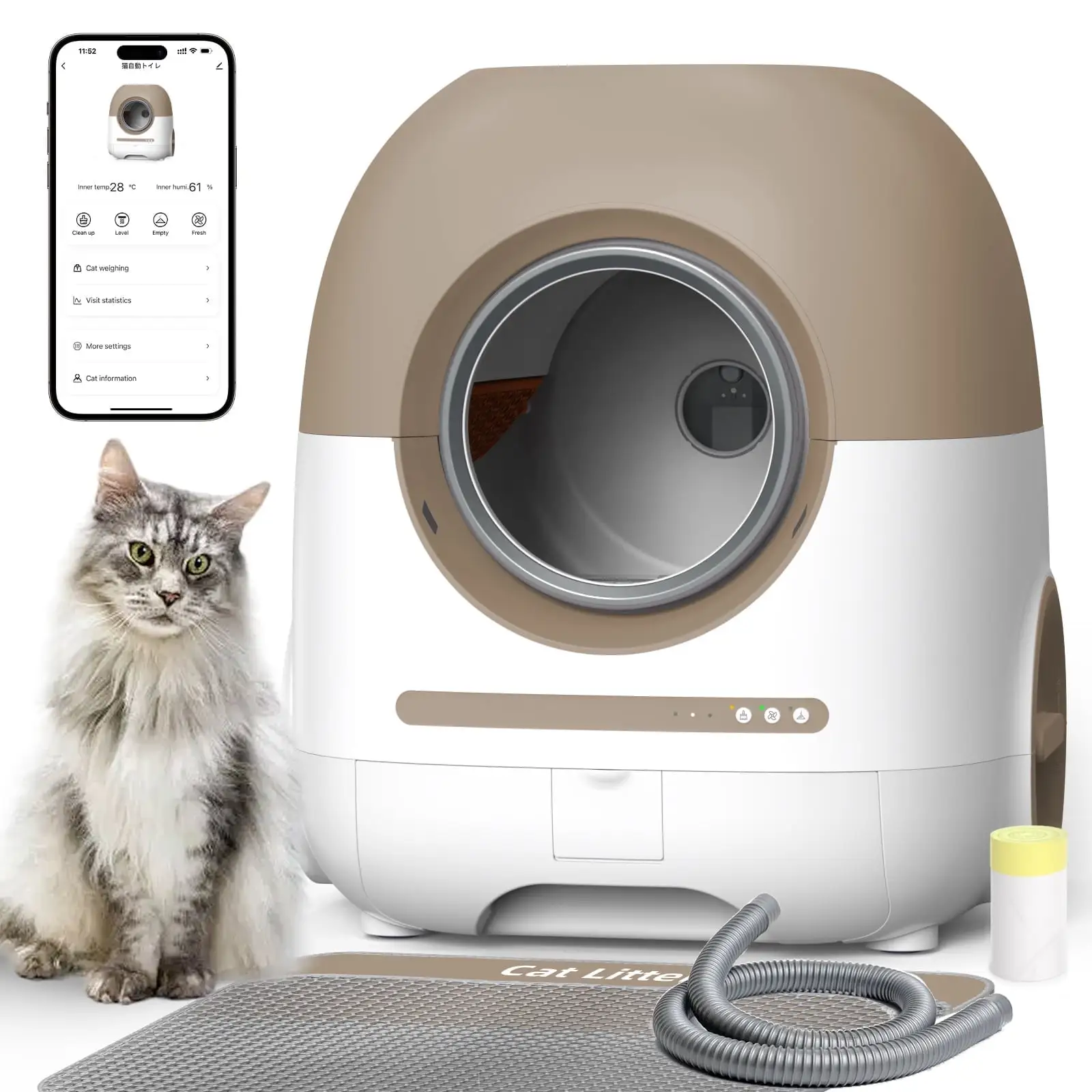 CATLK Self Cleaning Litter Box for Multiple Cats.APP Control/2.4G/5G WiFi with Trash Bag.Brown