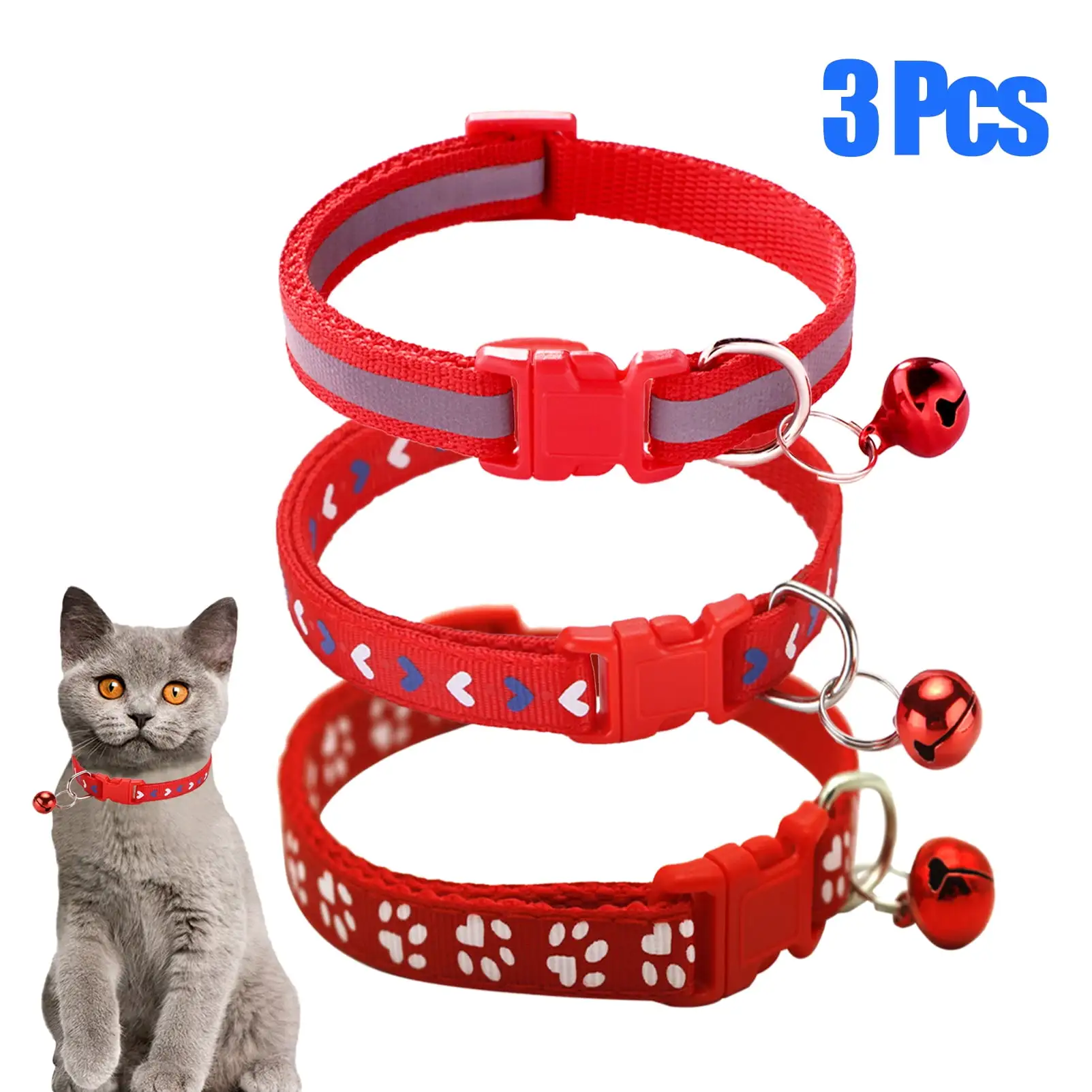 CHBORLESS 3 Pcs Nylon Cat Collar with Bell Adjustable Puppy Kitten Collar.Red