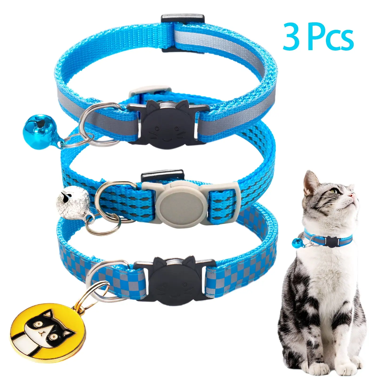 CHBORLESS 3 Pcs Reflective Breakaway Cat Collar with Bell Nylon Kitten Pups Collars.Sky Blue