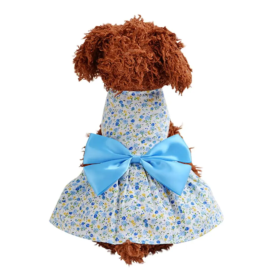 CICRKHB Small Dog Sweater Pet Dog Puppy Summer Bottoming Shirt Dress Clothes Shirt Cat Bow Tie Dress Pet Supplies Blue