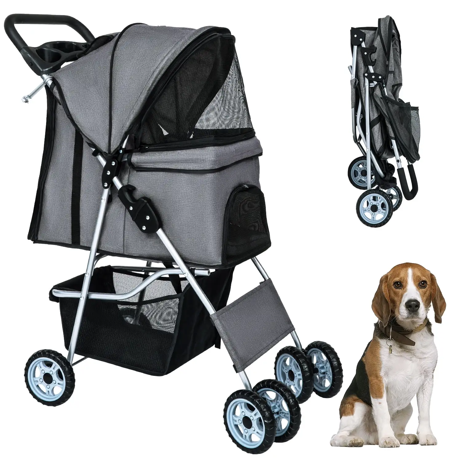 CL.HPAHKL 4 Wheels Pet Stroller. Dog Cat Jogger Stroller for Medium Small Dogs Cats Folding Lightweight Travel Stroller with Cup Holder. Gray