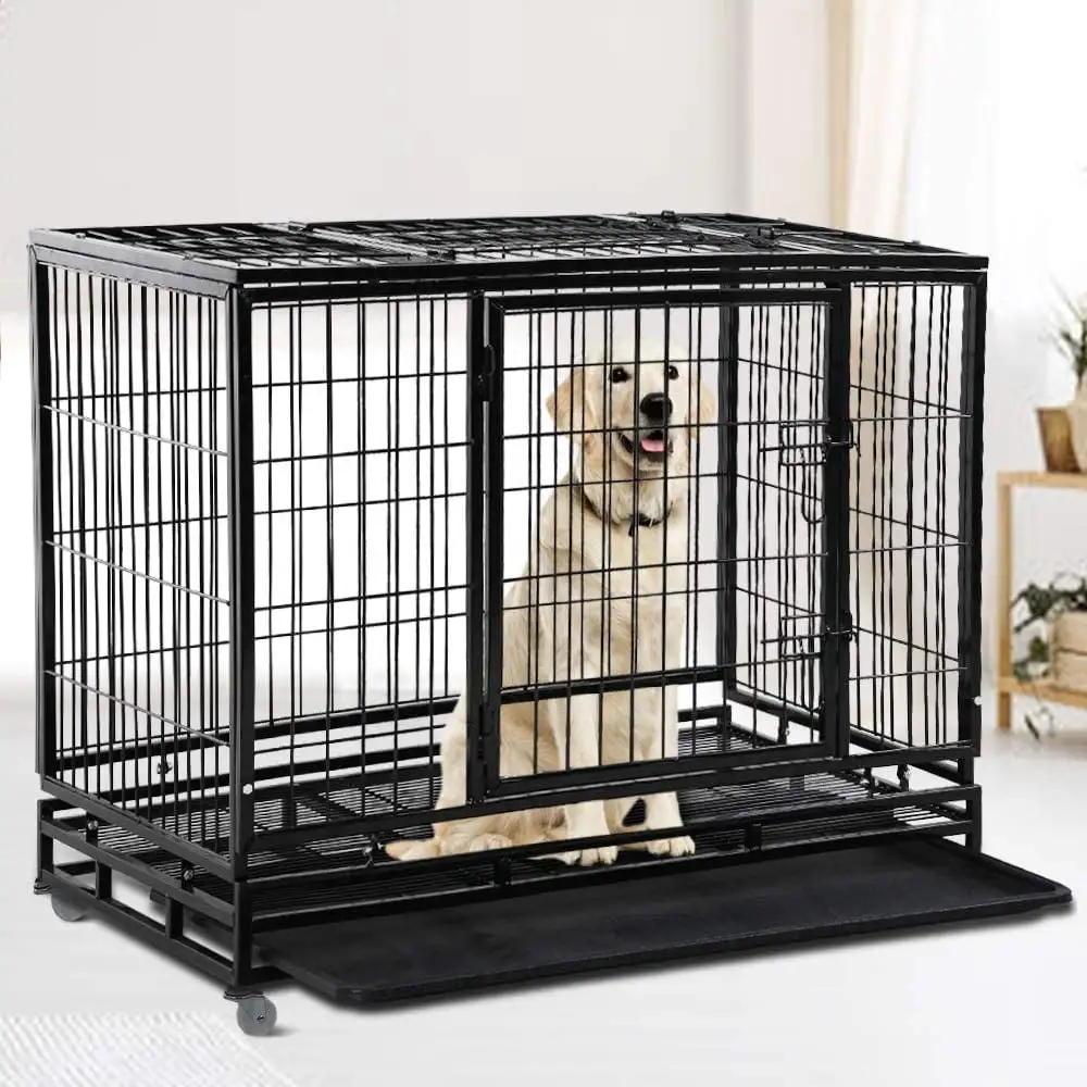 CL.HPAHKL 48inch Heavy Duty Dog Crate. Metal Dog Kennel Double Door Dog Cage with Plastic Tray and Lockable Wheels. Extra Large Crate for Large Dog Indoor Outdoor Travel