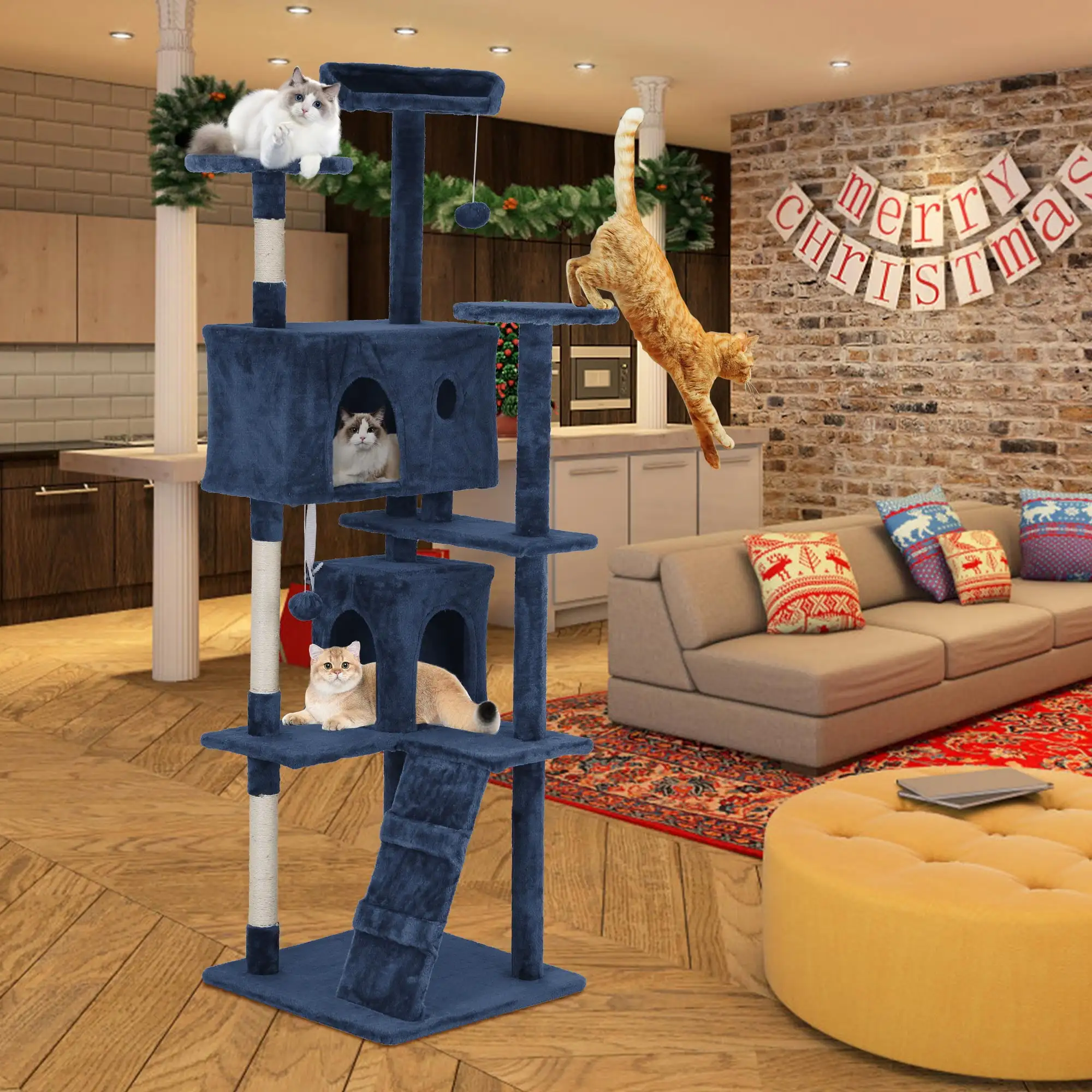 CL.HPAHKL 54In Cat Tree Tower for Large Cats. Cat Climbing Tower Cat Scratching Tree with Cat Scratching Stand. Big Cat Tree House Funny Toys for Kittens Pet(Navy Blue)