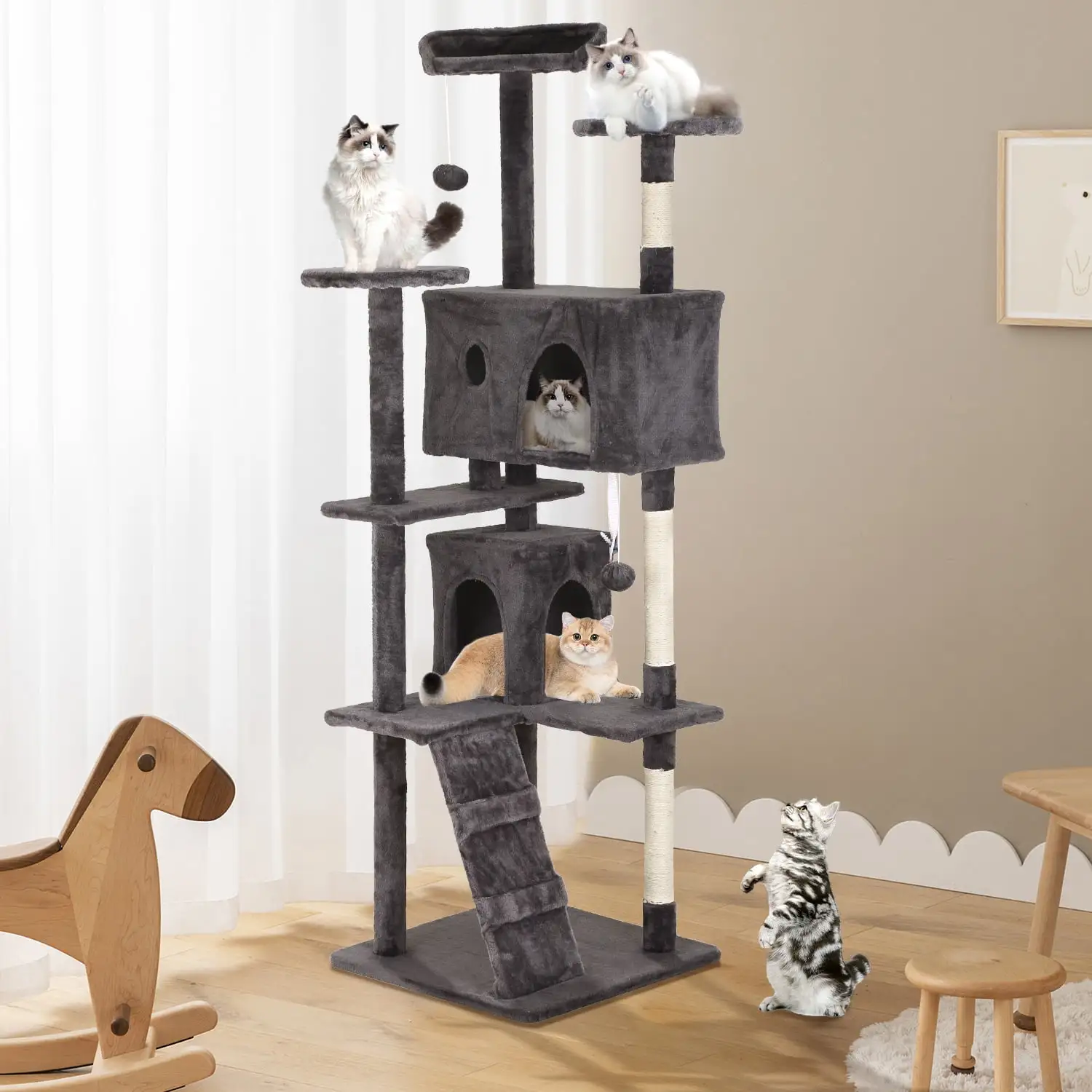 CL.HPAHKL 70in Cat Tree Tower. Multi-Level Cat Tower Furniture Activity Center with Platform Scratching Posts Stand House Condo and Toy. Cat Condos for Indoor Cats Activity Relaxing. Light Gray