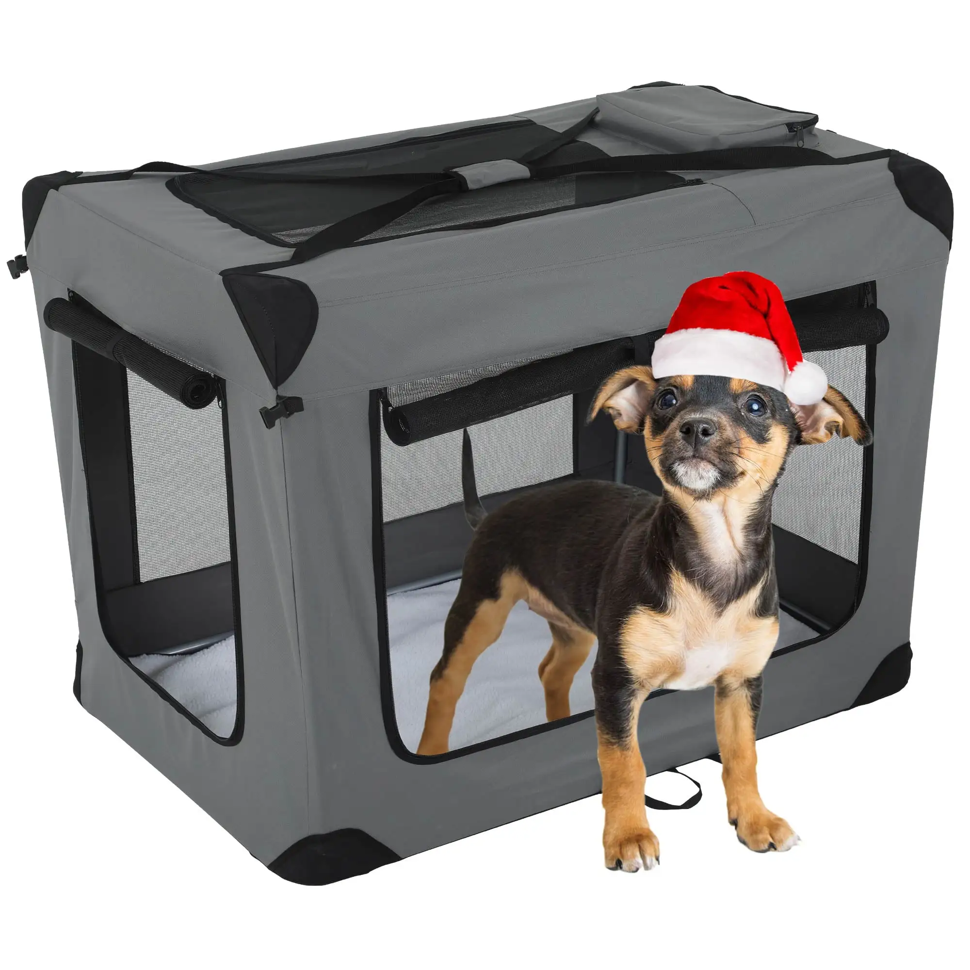 CL.HPAHKL Collapsible Dog Crate for Small Dogs. 24 Inch Dog Cage Soft Portable Dog Carrier with Mesh Doors and Multipurpose Bags. Folding Small Dog Kennel Pet Carrier Indoors Outdoors Travel. Grey