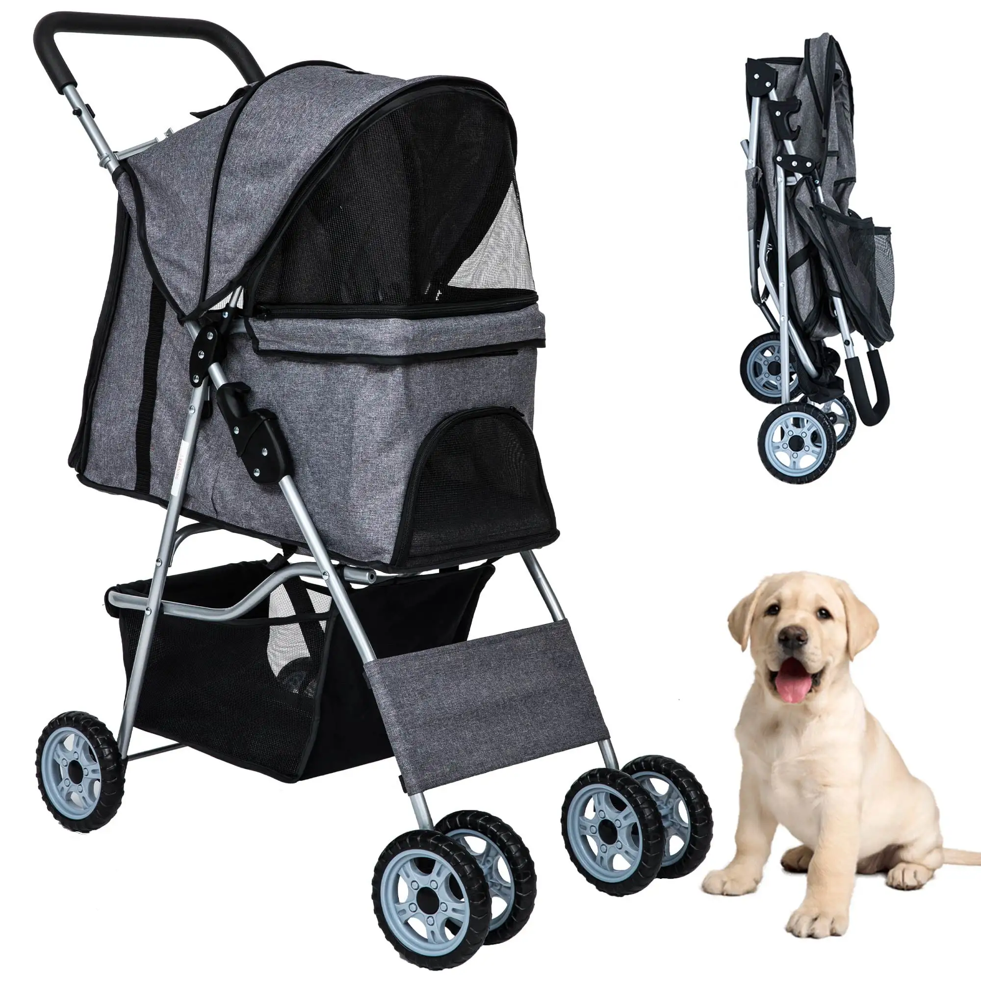 CL.HPAHKL Dog Stroller. 4 Wheels Foaldable Cat Stroller Dog Cat Cage Jogger Stroller for Medium Small Dogs Cats. Pet Stroller with Storage Basket and Cup Holder Portable Lightweight for Travel