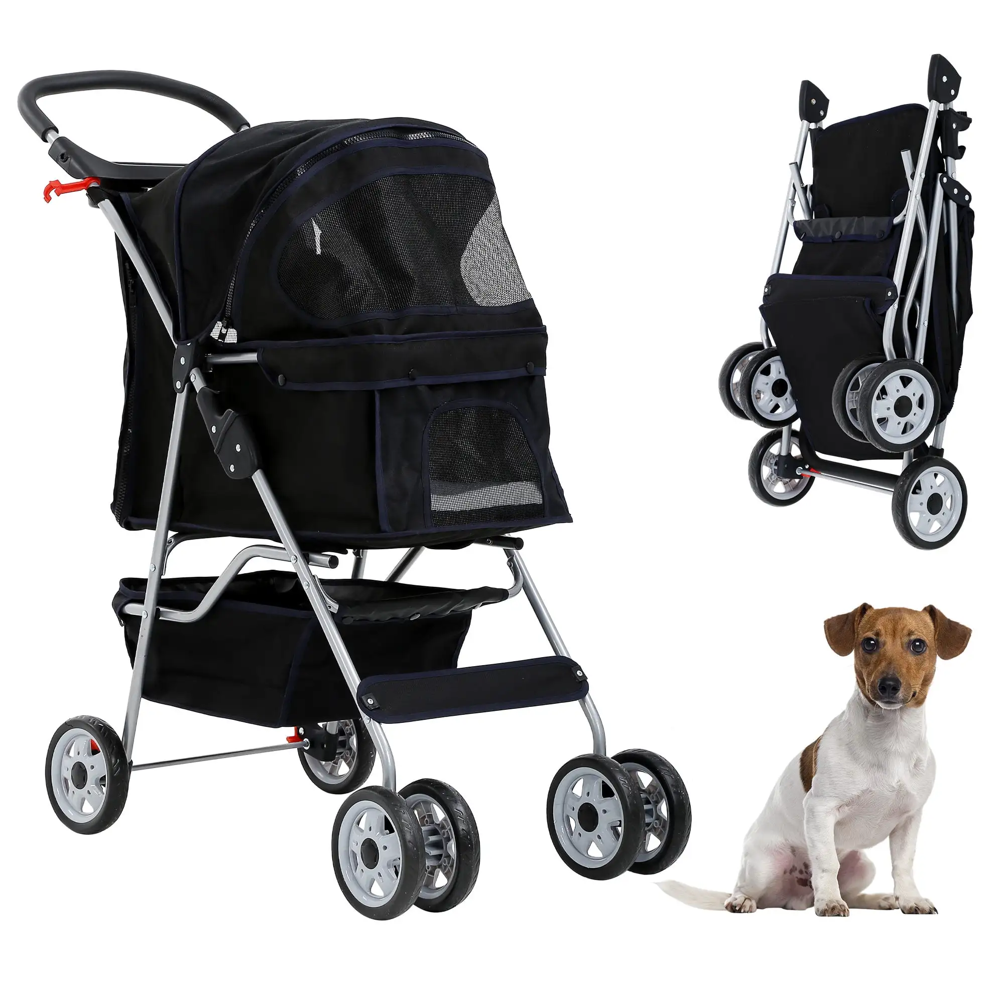 CL.HPAHKL Pet Stroller Foldable Pet Stroller Travel Stroller for Cats and Medium Dogs Includes 360 Degree Front Wheel Swivel.Mesh Panels and Canopy. Storage Basket. Cup Holder.Black