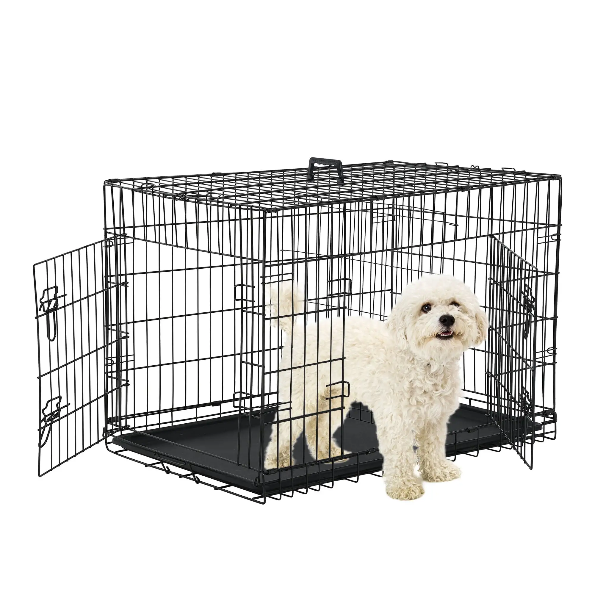 CL.HPAHKL Small Wire Dog Crate. Folding Metal Dog Kennel Double Door Dog Cage with Plastic Tray. Puppy Crate for Small Dog Indoor Outdoor Travel (Black. 24 inch)