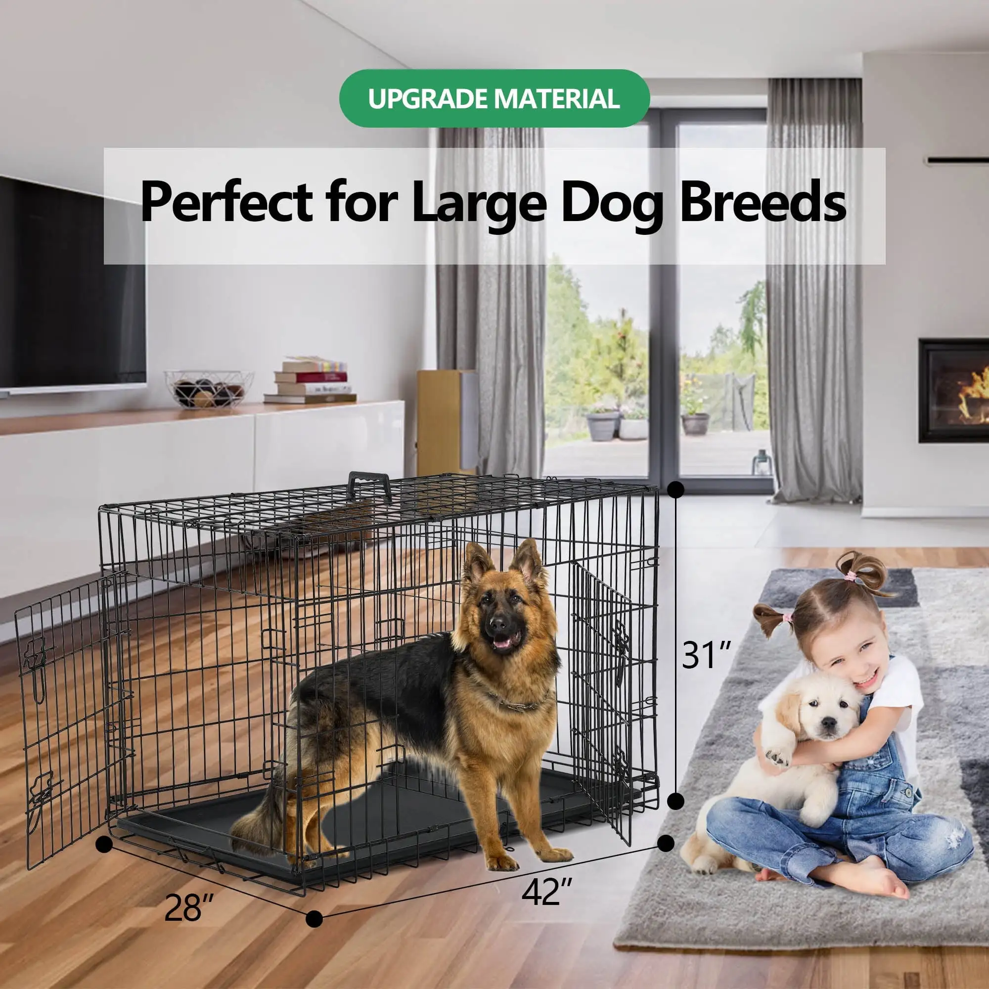 CL.HPAHKL42 inch Dog Cage for Large Dogs Indoor. Folding Dog Crates and Kennels Double Door. Black Dog Kennels for Large Dogs.Pet Cage with Tray Pan for Dogs