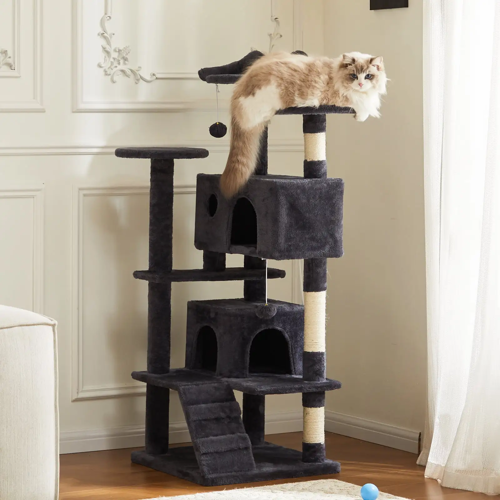 CONCETTA 54in Cat Tree Tower for Indoor Cats. Multi-Level Pet Furniture. Cat Kitty Play Tree with Sisal Scratching Post. Dangling Ball. Large Condo. Climbing Ladder. Kitten Toy. Dark Grey