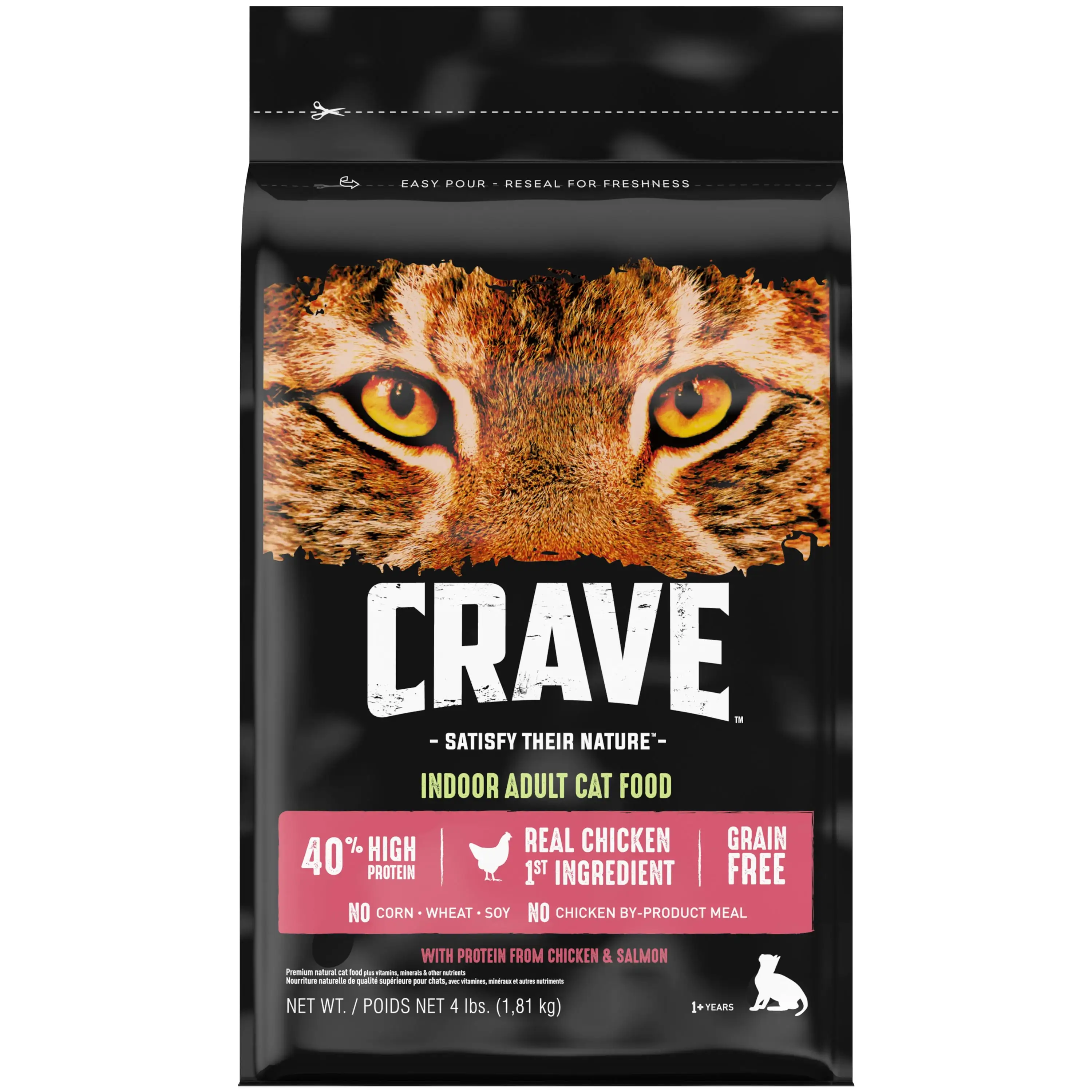 CRAVE Grain Free Indoor Adult Dry Cat Food with Protein from Chicken & Salmon. 4 lb. Bag