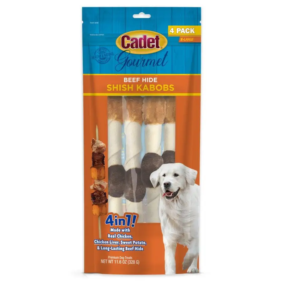 Cadet Gourmet Beef Hide Shish Kabob Dog Treats Chicken & Sweet Potato. XL 10 in 4 ct