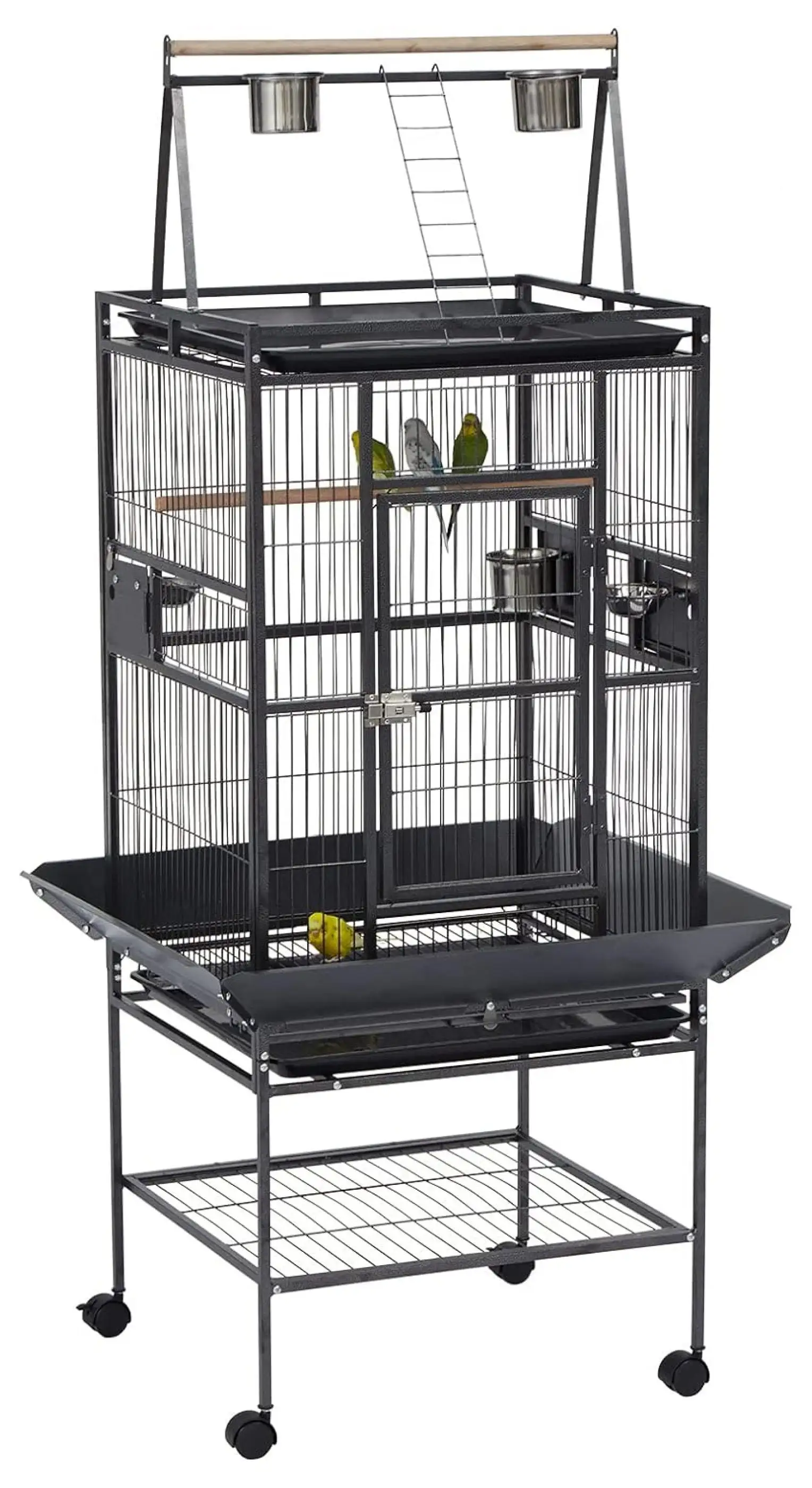 Cage 68-Inch Wrought Iron Birdcage - Flight House with Casters & Feeder & Rolling Stand & Seed Catcher. Heavy-Duty Large Pet House for Parrot Parakeet Cockatiel Cockatoo Macaw Finches. Black