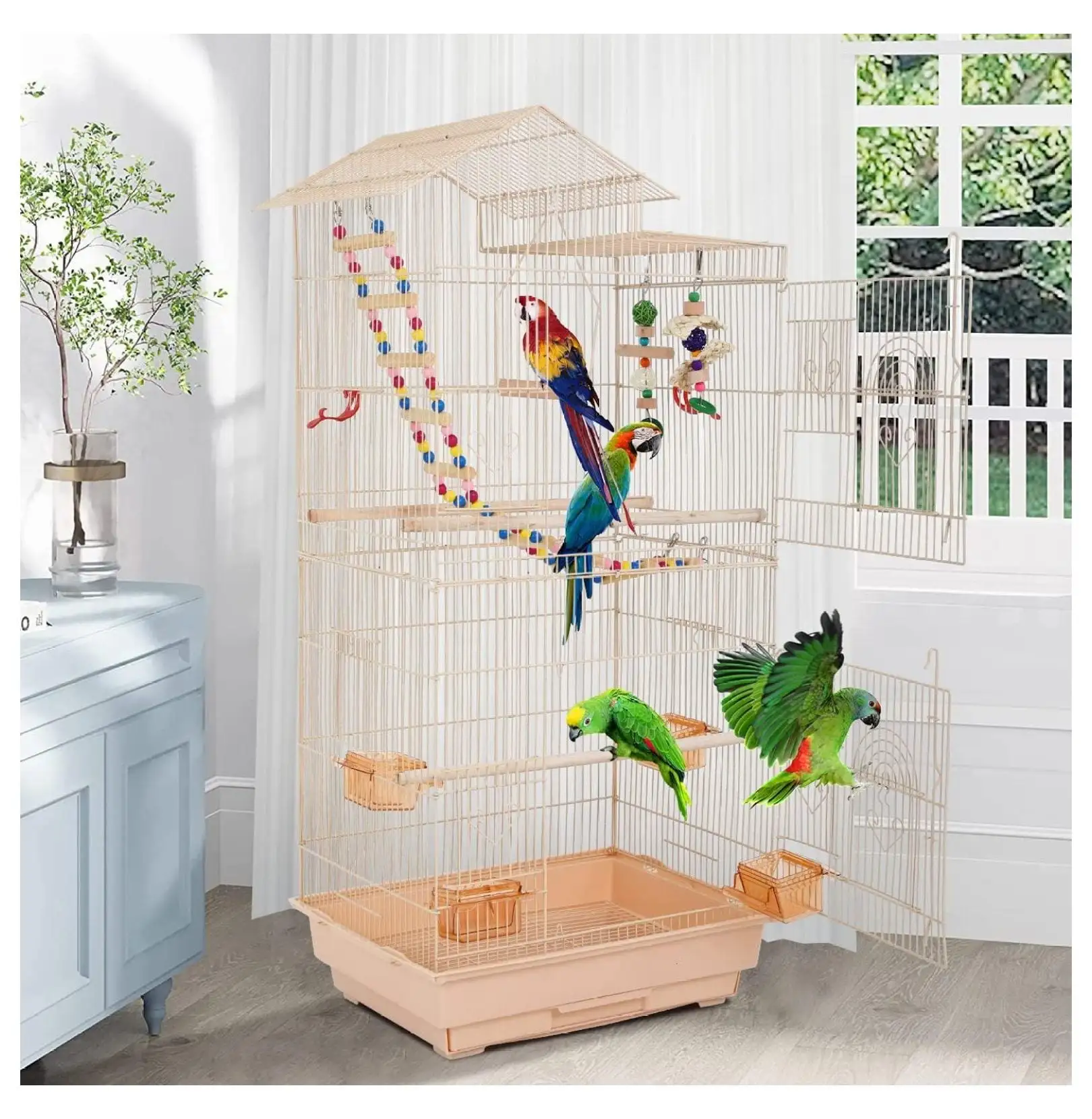 Cages for Parakeets - Parrot Cage 39 inch Parakeet Cage Accessories Stand Medium Roof Top Large Flight cage Small Parakeet. 17 x 13 x 39 (Almond Toy)