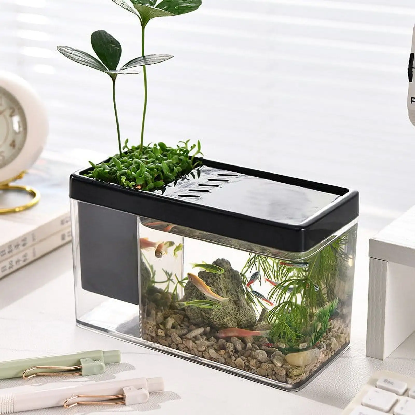 Cailmei Fish Tank. Glass Aquarium. 3 In 1 Fish Tank. Desk Decoration. Desktop Small Fish Tank For Shrimp. Goldfish Black 17.1X10.5X8Cm