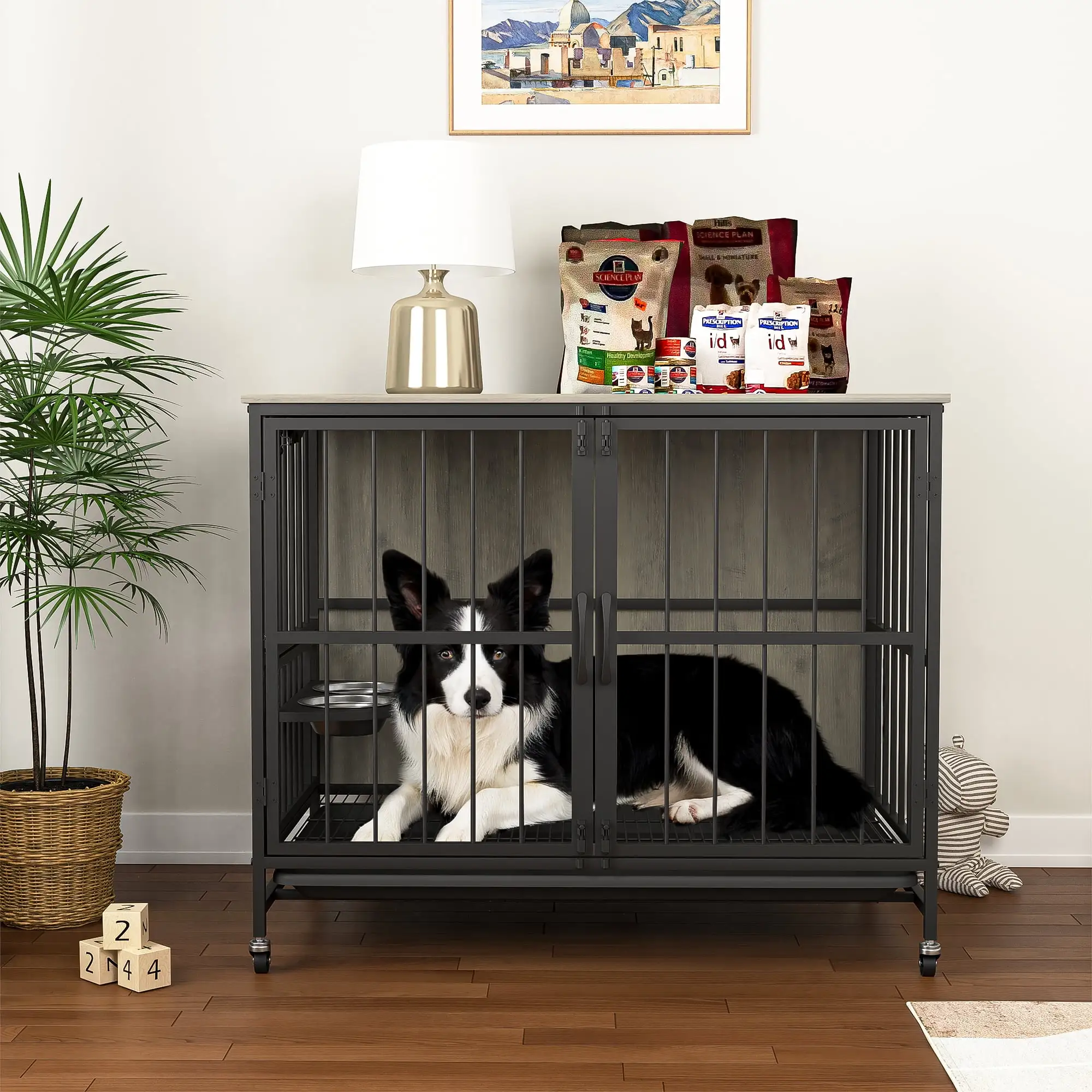 Canddidliike Dog Crate Furniture for Feeding Bowl. Wooden 37 Inch Dog Crate with Flip-Up Top Opening. Heavy Duty Dog Kennel Furniture End Table for French. Wheels. Removable Trays. Gray