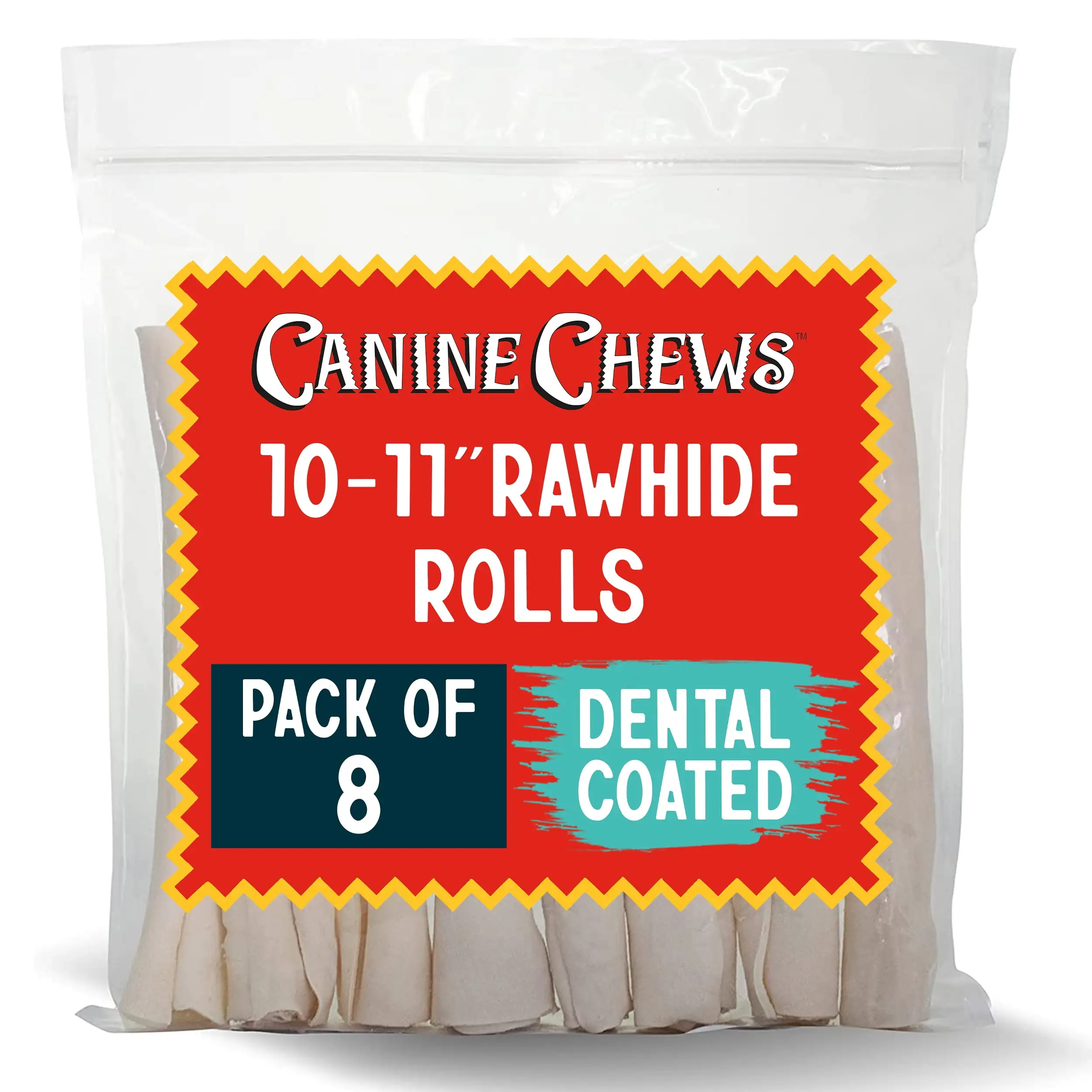 Canine Chews 10-11 Dental Coated Jumbo Rawhide Retriever Rolls (8 Pack) - Breath Freshening & Long Lasting Dental Chews for Dogs Large Size - Teeth Cleaning Dog Treats for Aggressive Chewers