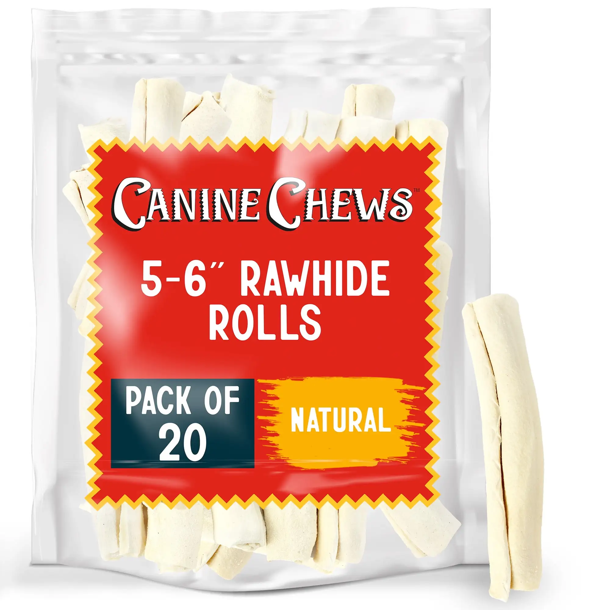 Canine Chews 5-6 Dog Rawhide Retriever Rolls - Pack of 20 Extra Thick Dog Rawhide Chews - 100% Real & All-Natural Beef Rawhide Bones for Small Dogs - Healthy Single-Ingredient Natural Rawhide Rolls