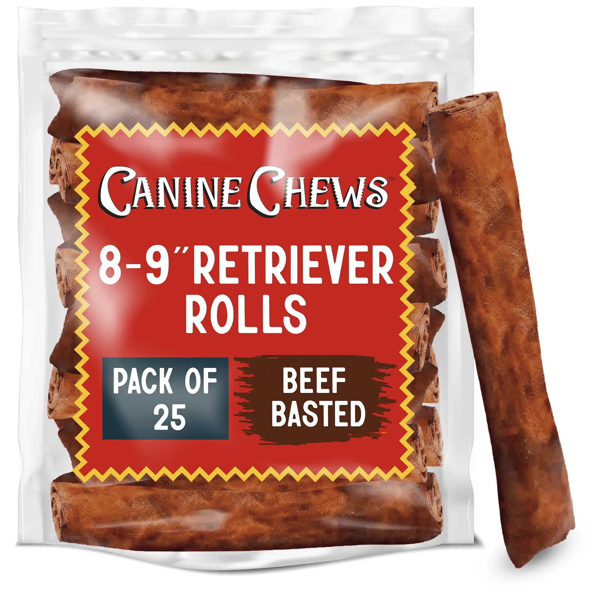 Canine Chews - 8-9 Beef Basted Rawhide Retriever Roll Dog Bone. 25 Pk. New