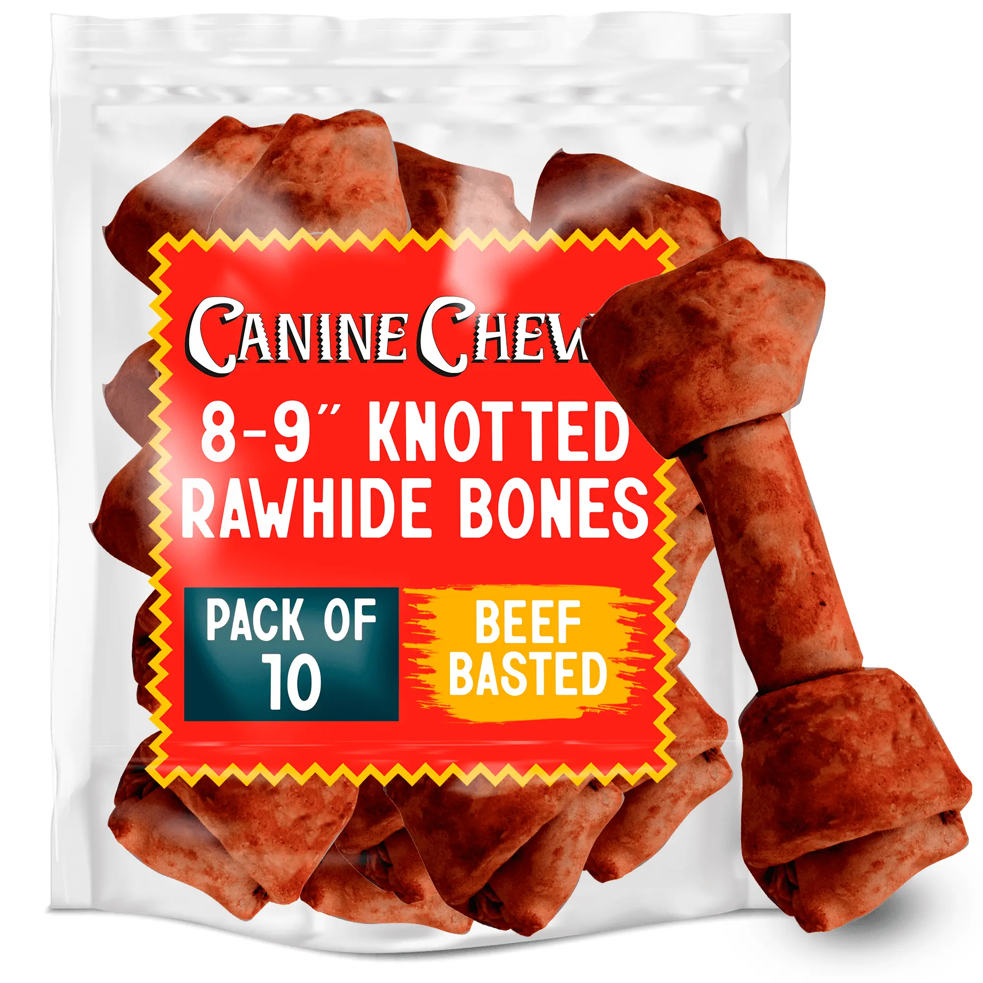 Canine Chews 8-9 Dog Bones Chew Toys Premium Rawhide Dental Treat for Large Aggressive Chewing Dogs (Beef Flavor. 10 Pack. New)