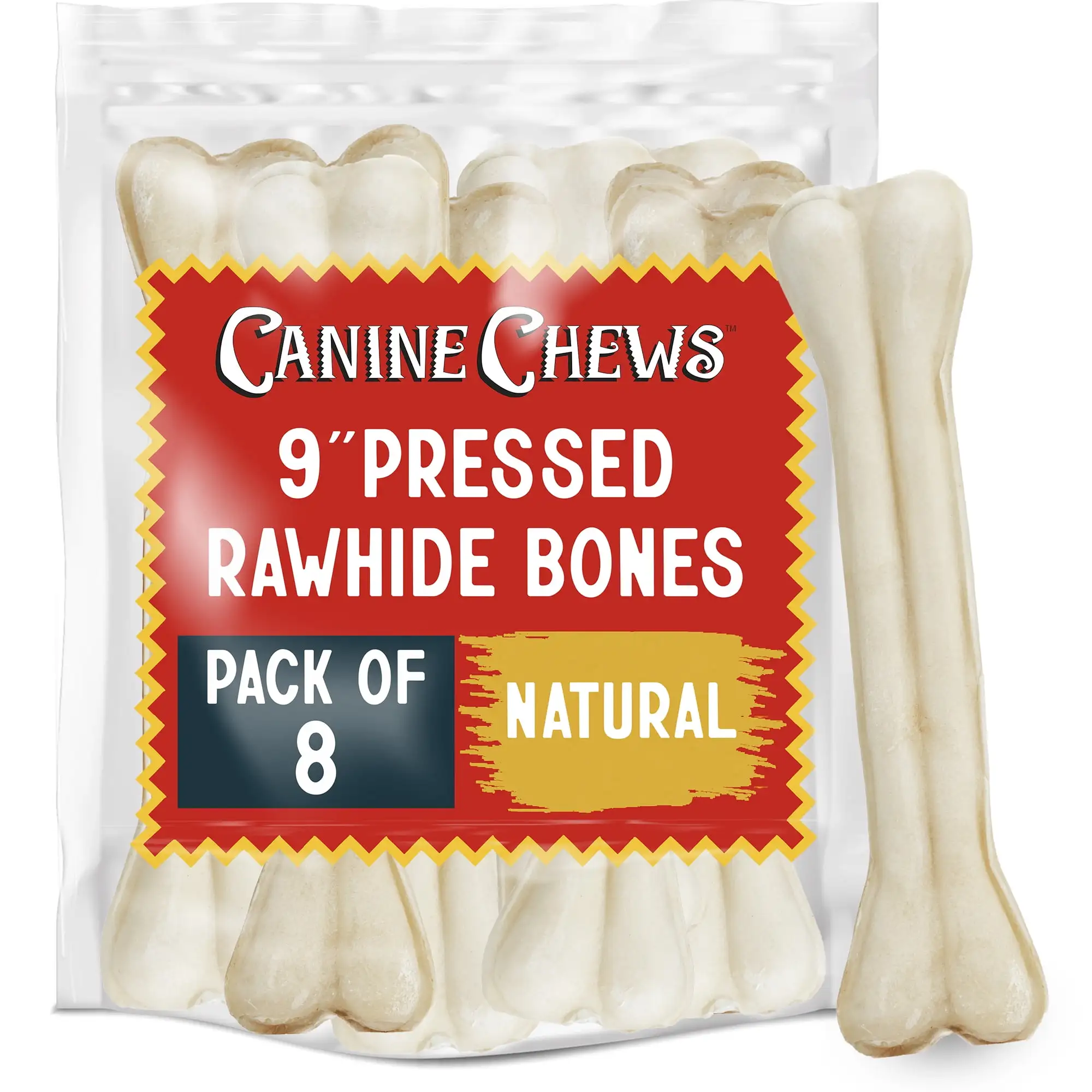 Canine Chews Pressed Rawhide Bones for Large Dogs - 9 Long Lasting Dog Chews - Compressed Beefhide Large Dog Chew Bones - Chew Toy Dog Bones - Raw Hide Bones Dog for Aggressive Chewers (8pk)