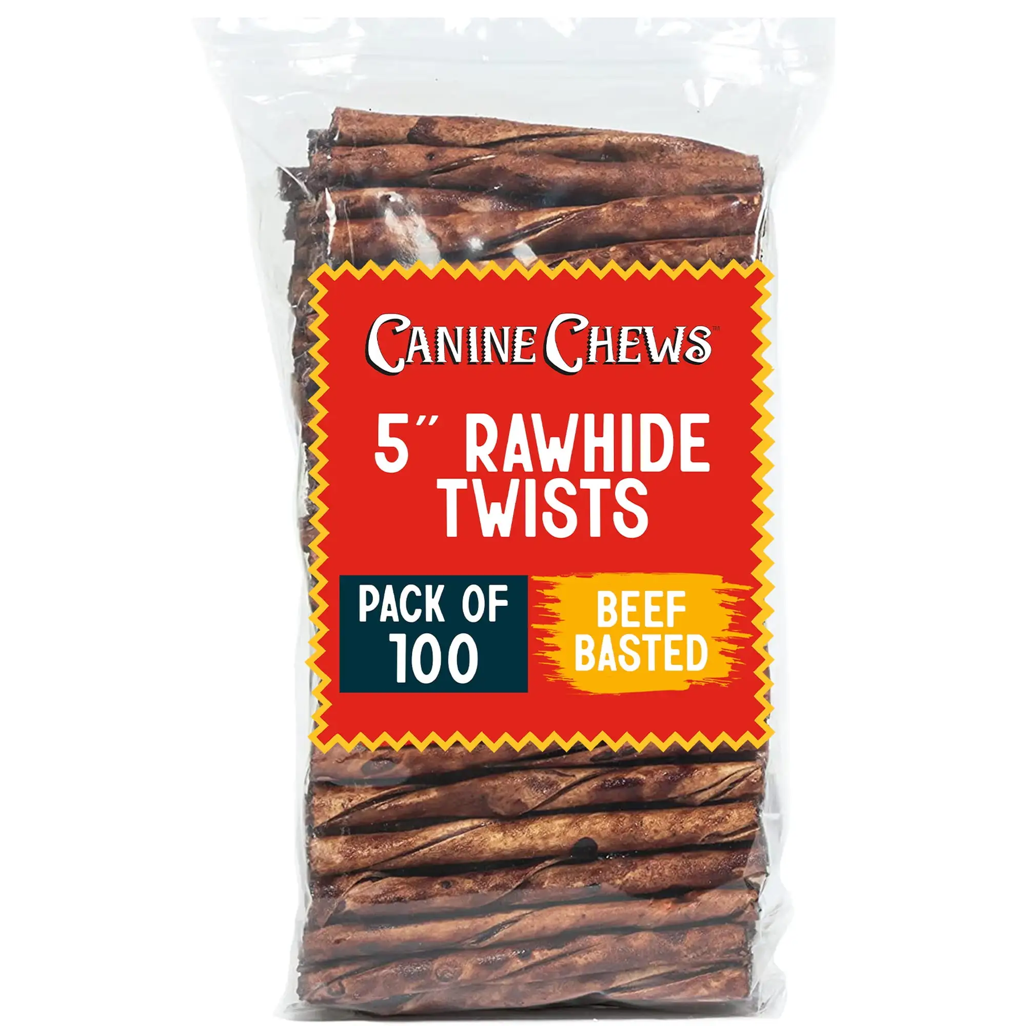 Canine Chews Small Rawhide Twists for Dogs - Pack of 100 5 Beef Flavored Rawhide Sticks for Small Dogs & Puppies - Protein Dense Beef Flavored Rawhides for Dogs - Natural Dog Rawhide Sticks