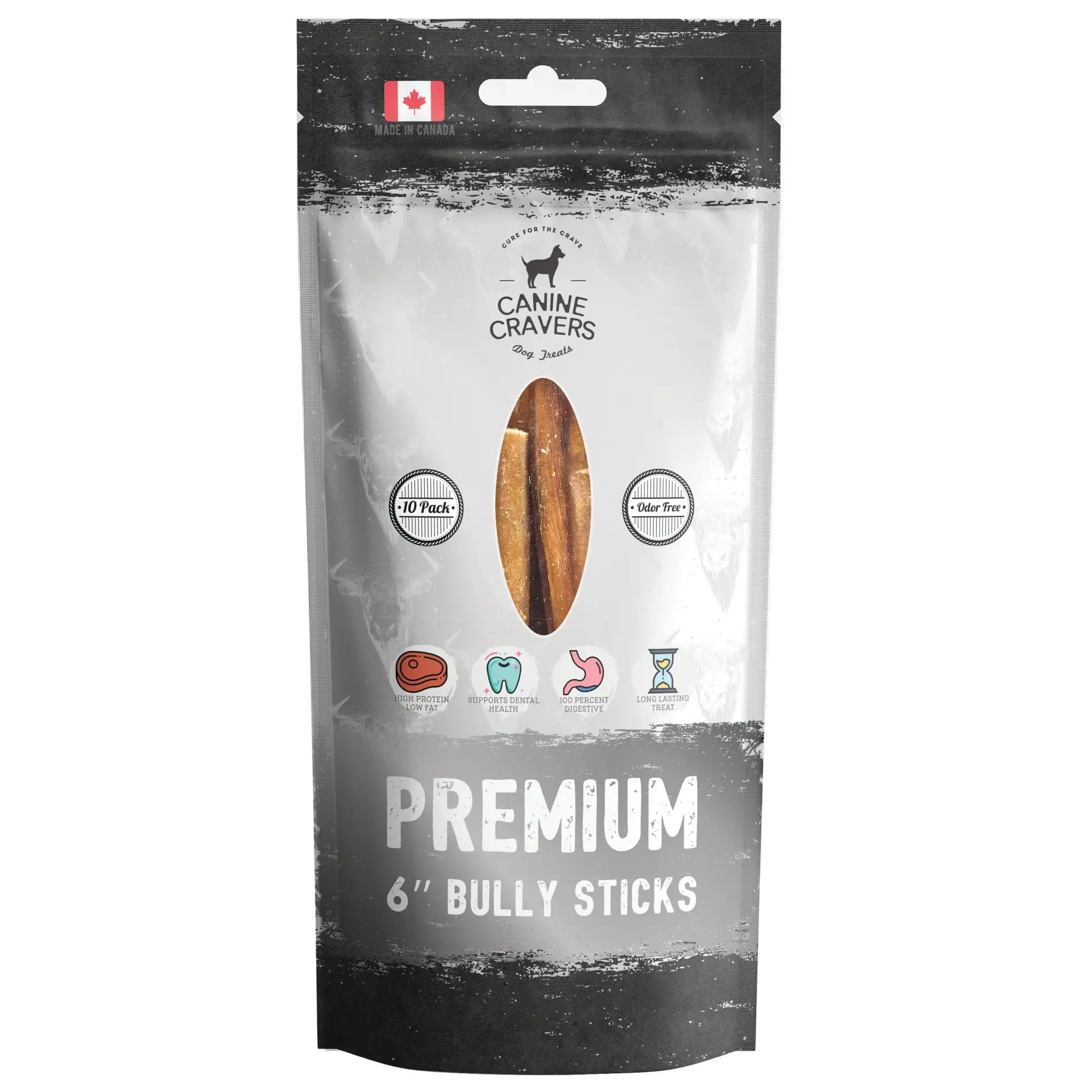 Canine Cravers Maplewood Smoked Bully Sticks 6 Inch - 100% Natural Free Range Grass Fed Beef - Made in Canada - Odor-Reduced Long Lasting. Rawhide Free Dog Chews High Protein Low Fat Dental Care