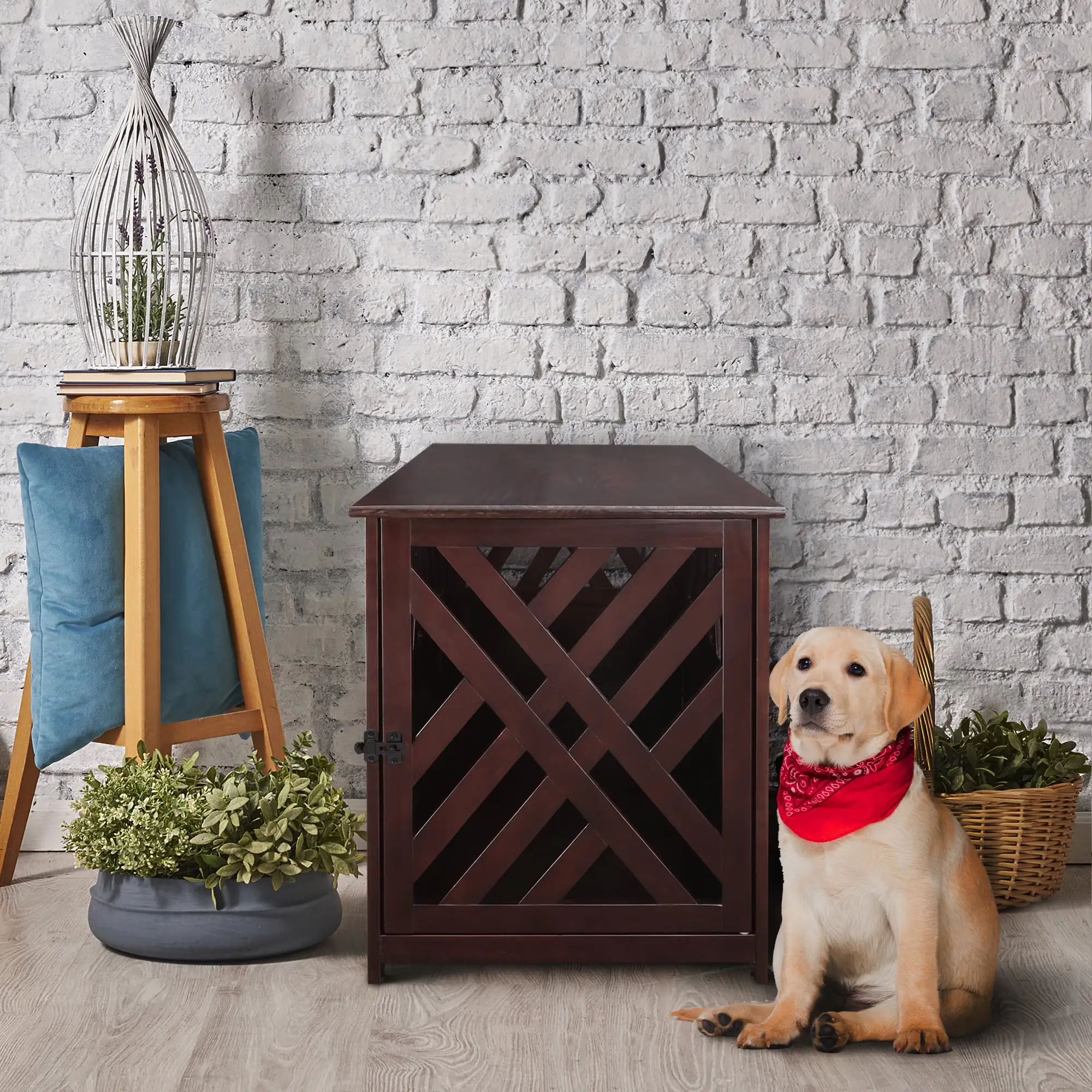 Casual Home Modern Lattice Wooden Pet Crate End Table. Espresso. Medium. 33L