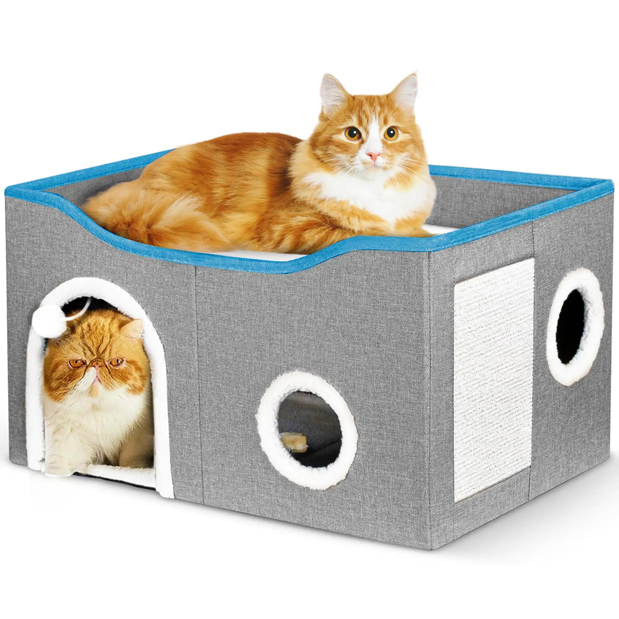 Cat House. POPO Foldable Cat Bed with Scratch Pad and Fluffy Ball Hanging for Indoor and Outdoor. 24x16x13 inches. Gray