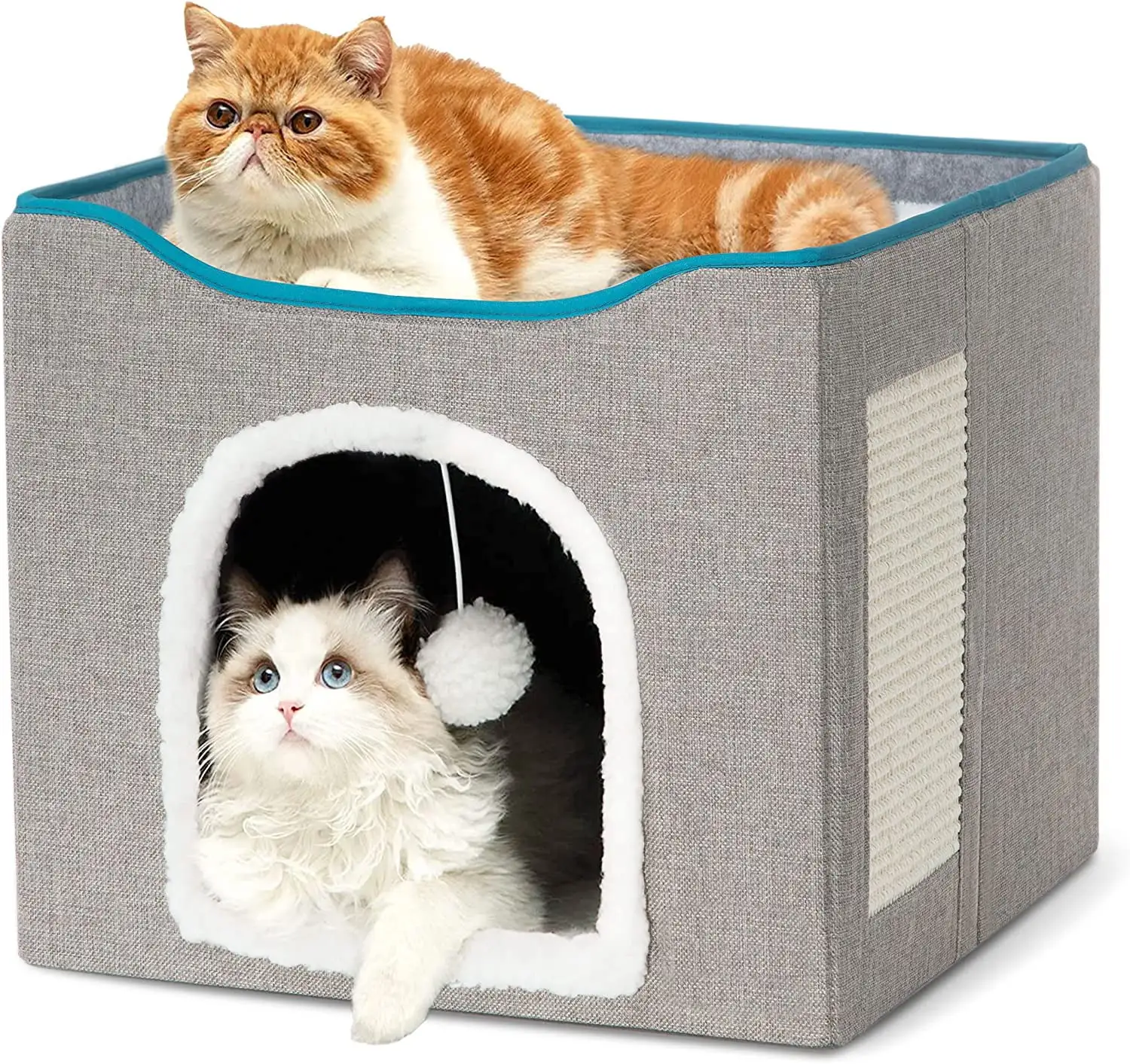 Cat Beds for Indoor Cats. CoPedvic Large Cat Cave for Pet Cat House with 2 Cushion. Cute Modern Cat Igloo with Ball Hanging and Scratch Pad for Multi Small Pet Large Kitten Kitty. Grey