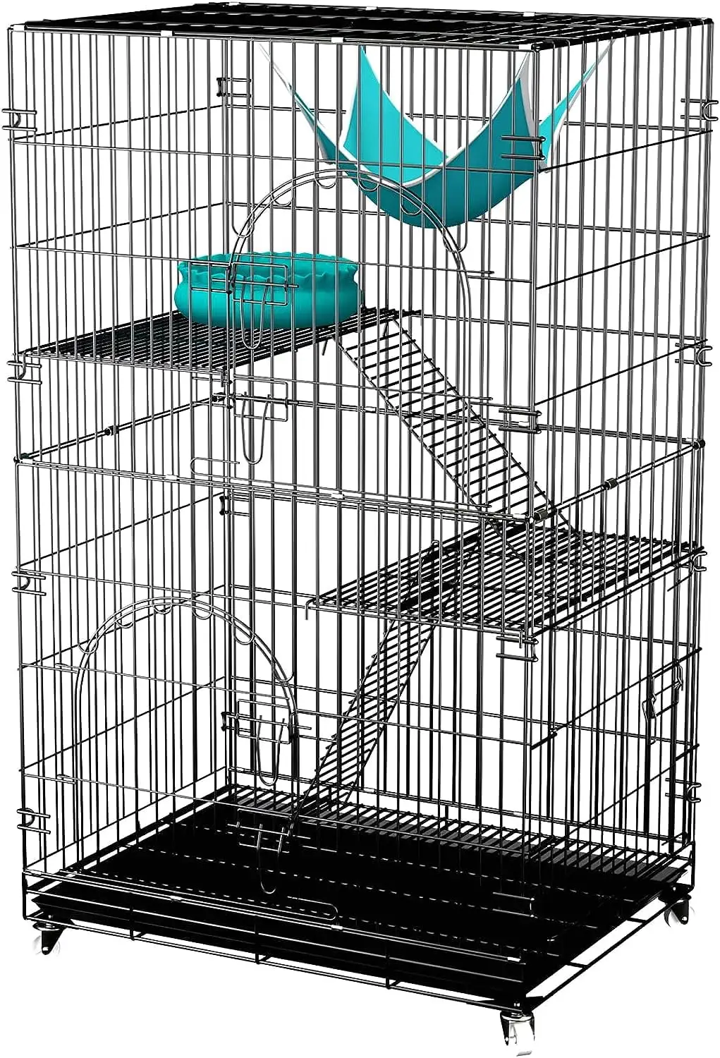 Cat Cage 3-Tier 46 Collapsible Metal Kitten Ferret Cage 360?? Rotating Casters Enclosure Pet Playpen with Ramp Ladders Hammock (Black)