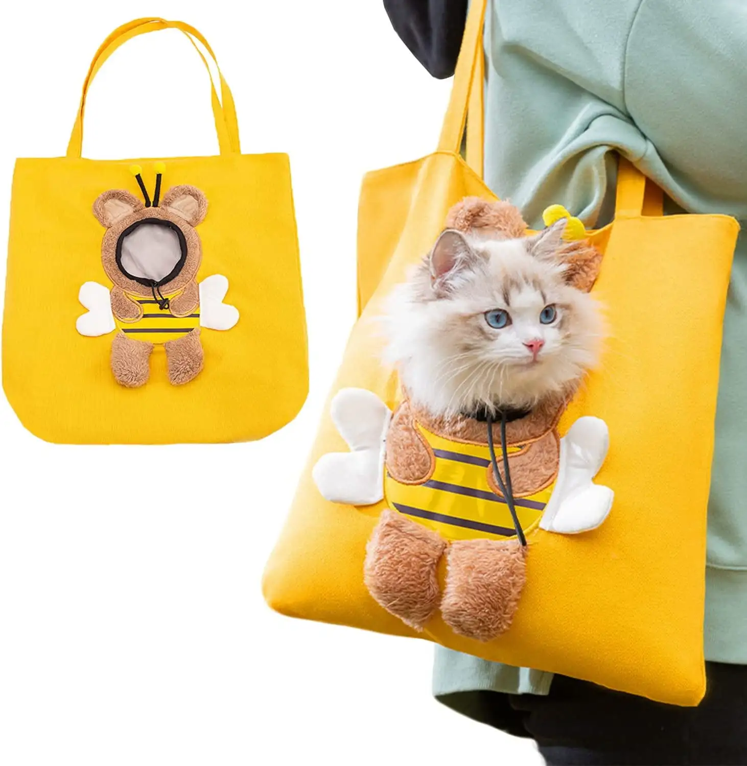 Cat Carrier Bag Small Dog Purse. Cute Bee-Shaped Show Head Small Dog Carrier.Pet Canvas Shoulder Carrying Bag.Dog Carrier Sling Soft Pouch Tote Bag for Puppy Doggy Kitten Small to Medium Cat