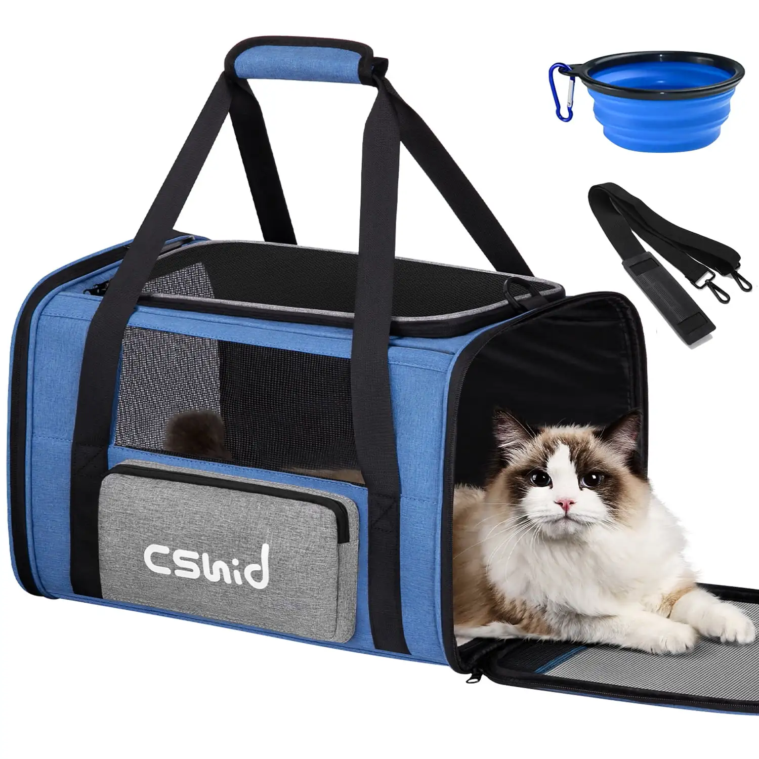 Cat Carrier. Cat Carriers for Large Cats up to 20 lbs. Airline Approved. Pet Carrier with a Bowl/Side Pocket. Collapsible Soft-Sided Cat Carrier for Small Medium Cats Dogs Outdoor. Travel. Blue