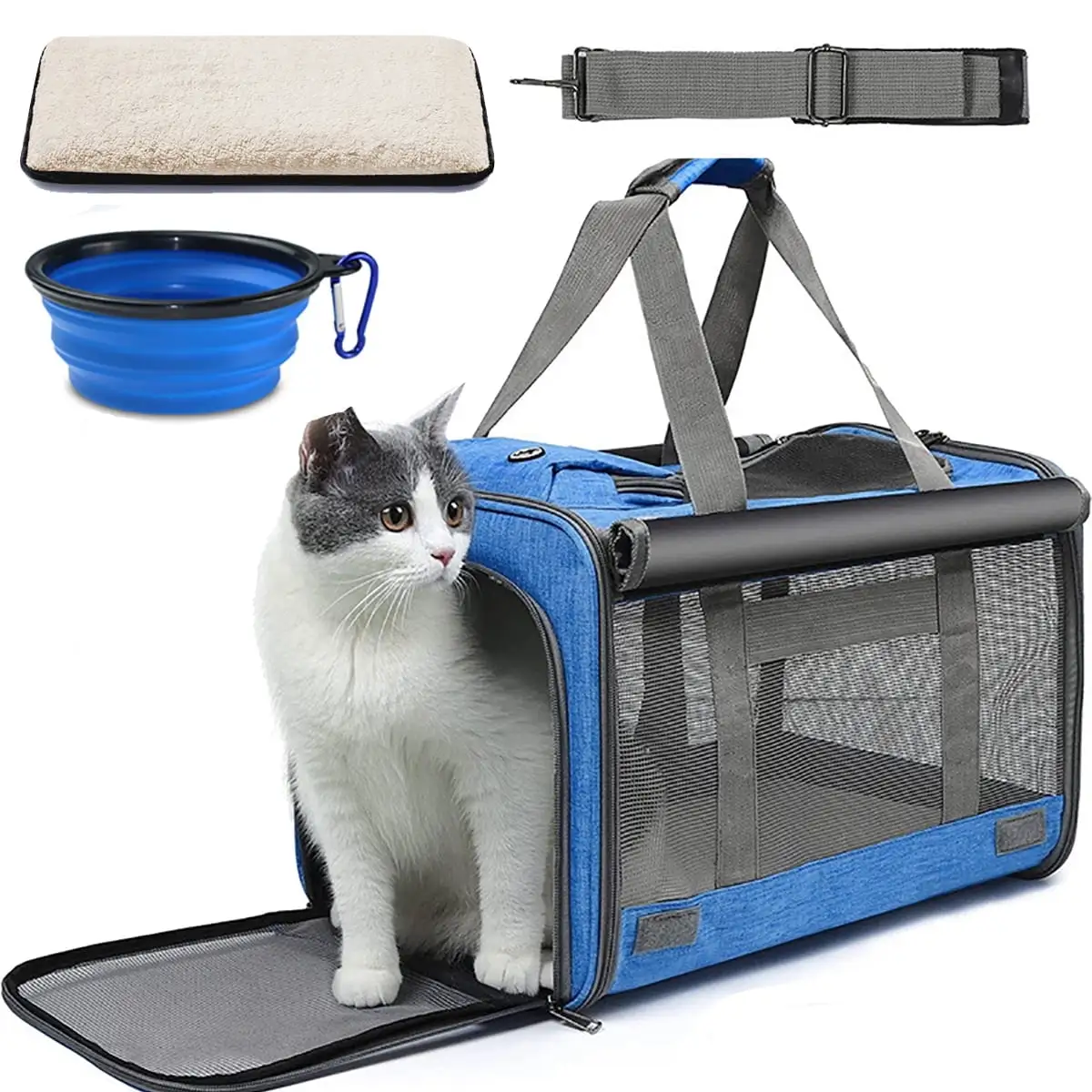 Cat Carrier. Soft Sided Cat Carriers for Large Small Medium Dogs Cats Under 25lbs. Foldable Pet Travel Carrier with a Bowl/Washable Pad. TSA Airline Approved. Blue