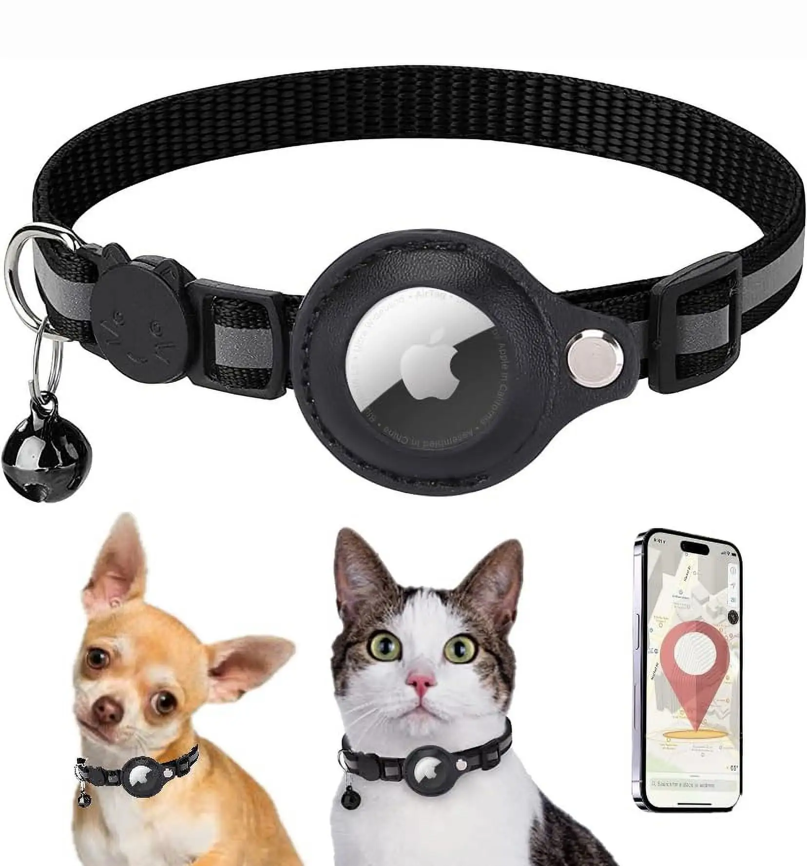 Cat Collar. Airtag. Cat Collar with Apple Air Tag and Bell for Cats. GPS for Cats. Reflective Collar. Airtag Dog Collar. Adjustable (Black)