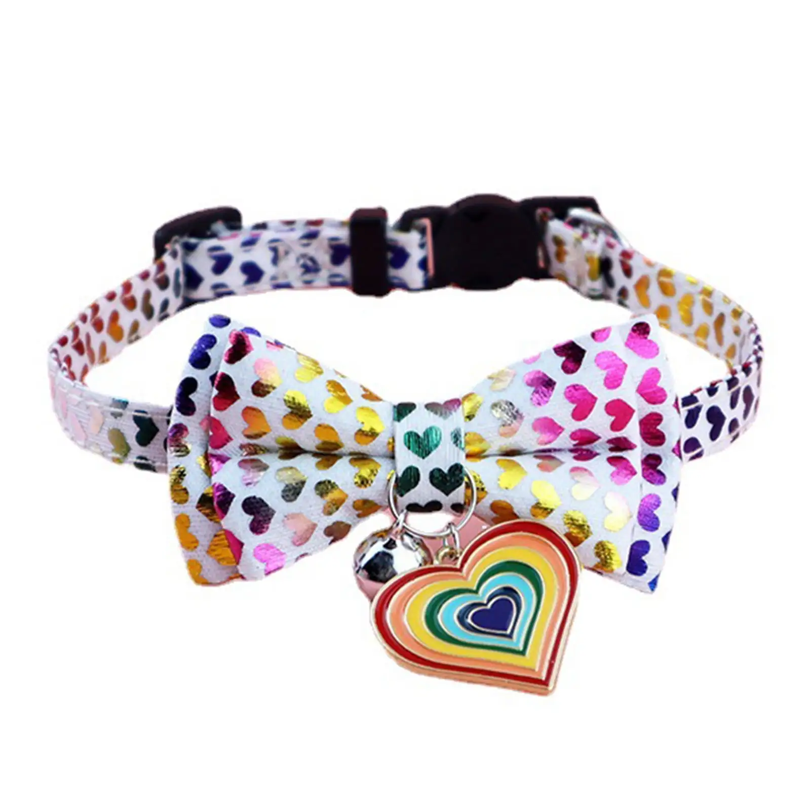 Cat Collars Breakaway with Cute Bow Bell Adjustable Kitten Collars with Rainbow Heart Pendant for Cats Kittens