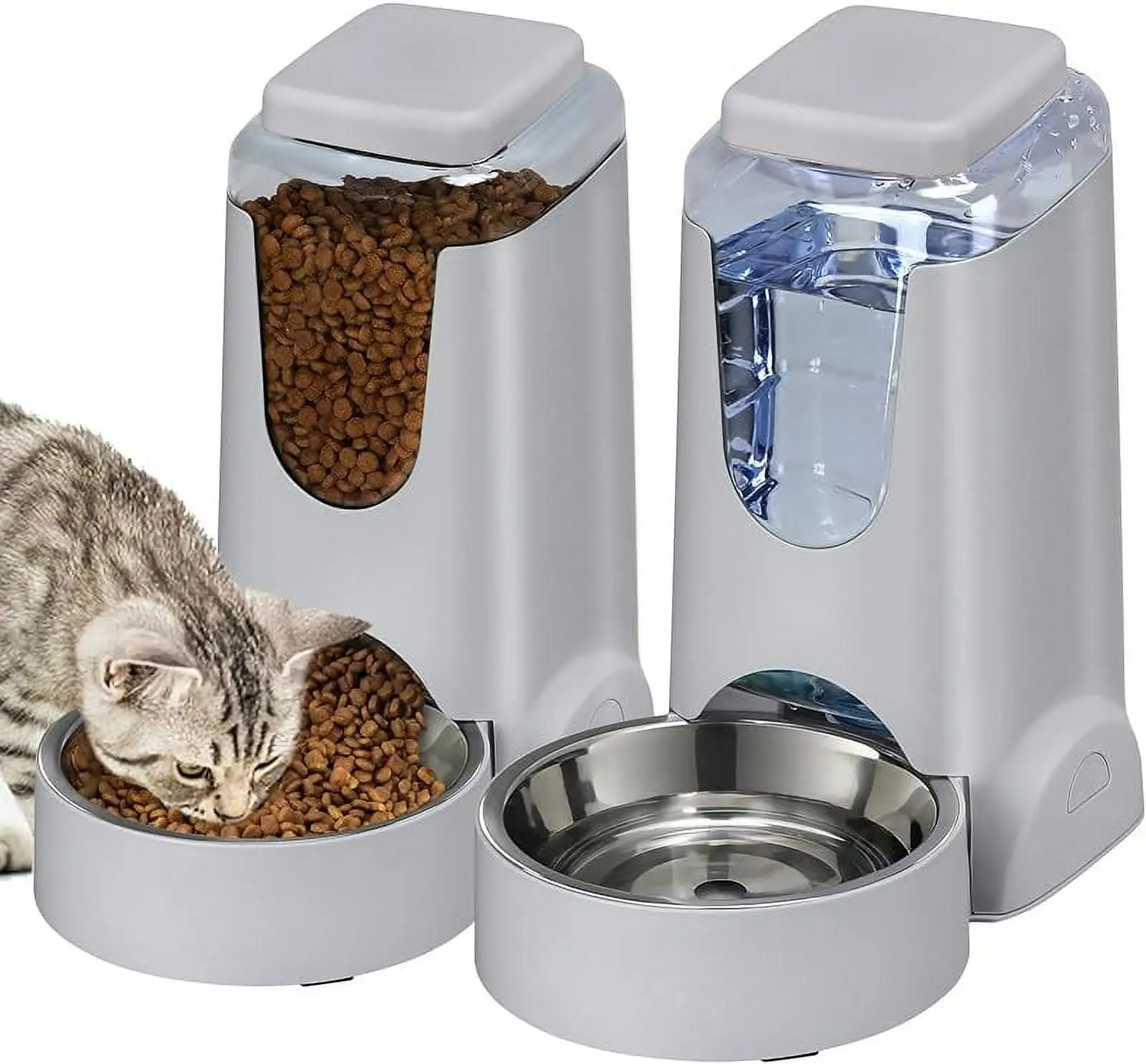 Cat Feeder and Water Dispenser with Stainless Steel Dog Bowl Gravity Self Feeding for Small Medium Pets Puppy Kitten 1 Gallon x 2 (Charcoal)