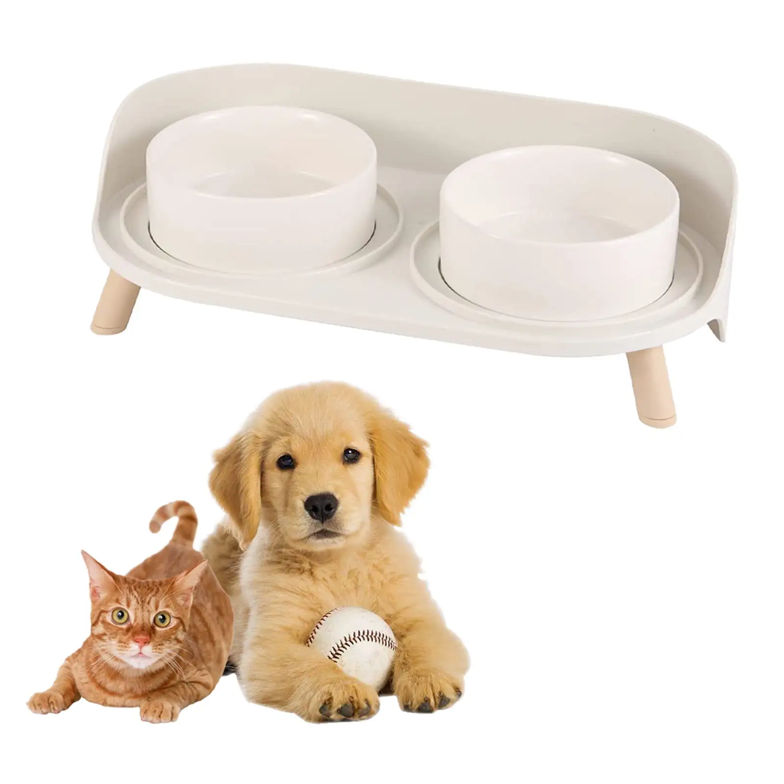 Cat Food Water Bowl Set - Raised Cat Bowls with Non Slip Stand - Elevated Puppy Bowls - Double Ceramic Cat Feeding Bowls - 2 x 480 ML - 16.23 OZ - White