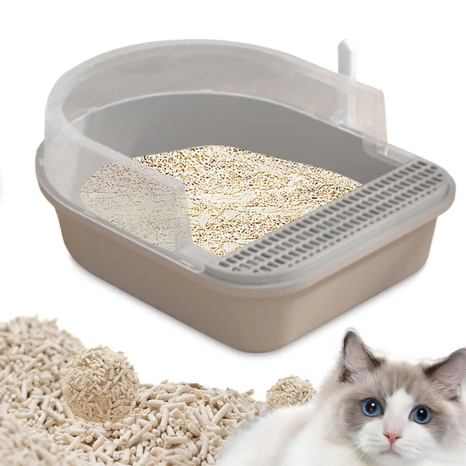 Cat Kitten Toilet Heighten Sturdy Semi Enclosed Bedpan Pet Litter Tray Kitty Litter Pan for Indoor Cats Easy to Clean. No Odor Grey L