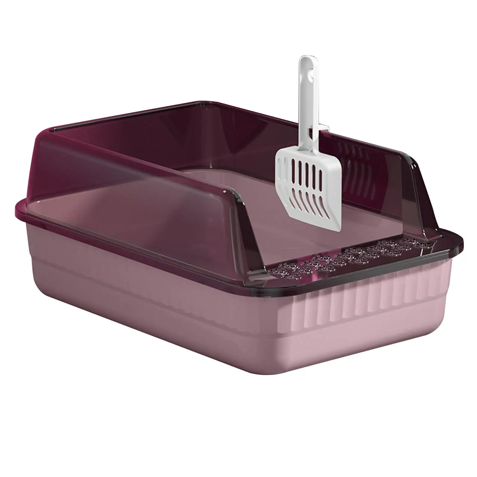 Cat Litter Tray Open Top High Sides Semi Enclosed Space Saving Sturdy Pink