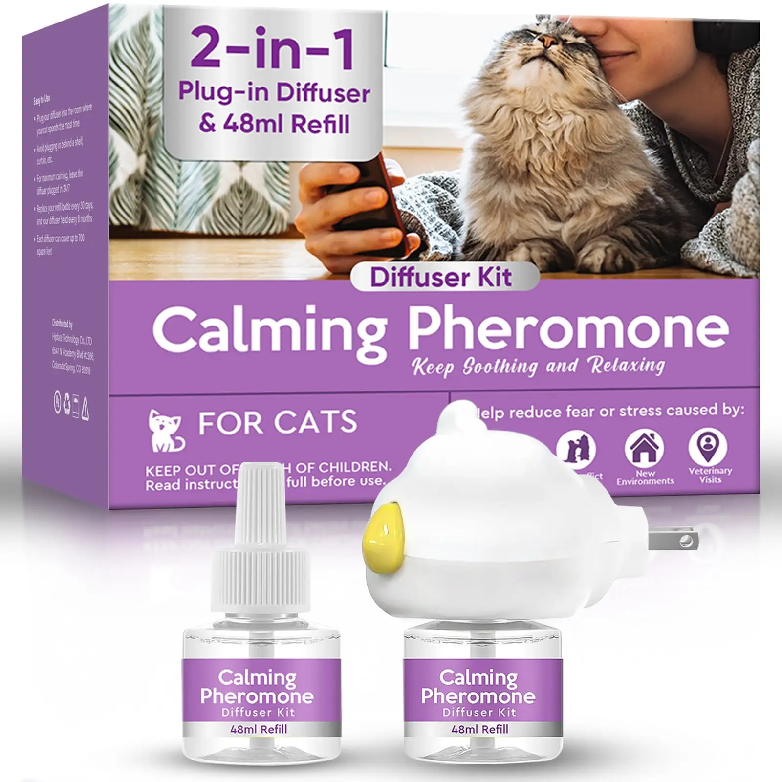 Cat Pheromones Calming Diffuser. Cat Calming Diffuser Starter Kit with Diffuser Head and 2pcs 48ml Vial. 60 Days Use. Efficient Relieve Anxiety Stress