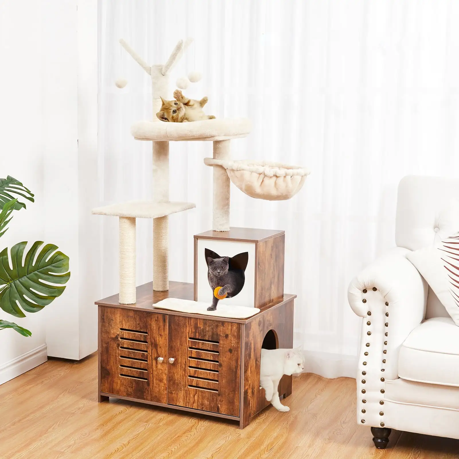 Cat Tower With Litter Box Enclosure.62 Tall Cat Tree for Indoor Cats.Cat Tree Litter Box Combo for Kitten.Modern Cat Furniture Litter Box Cabinet (27.5 x 21).