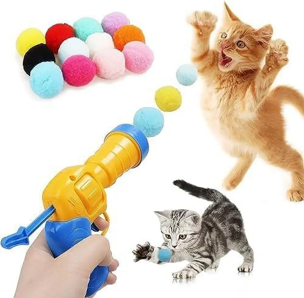 Cat Toys Interactive for Indoor Cats Kitty Toys Cat Toys for Indoor Cats Self Play Cat Ball Toy Pom Pom Balls Plush Ball Launcher for Cats Puff Balls Cat Enrichment Toys 50 Balls