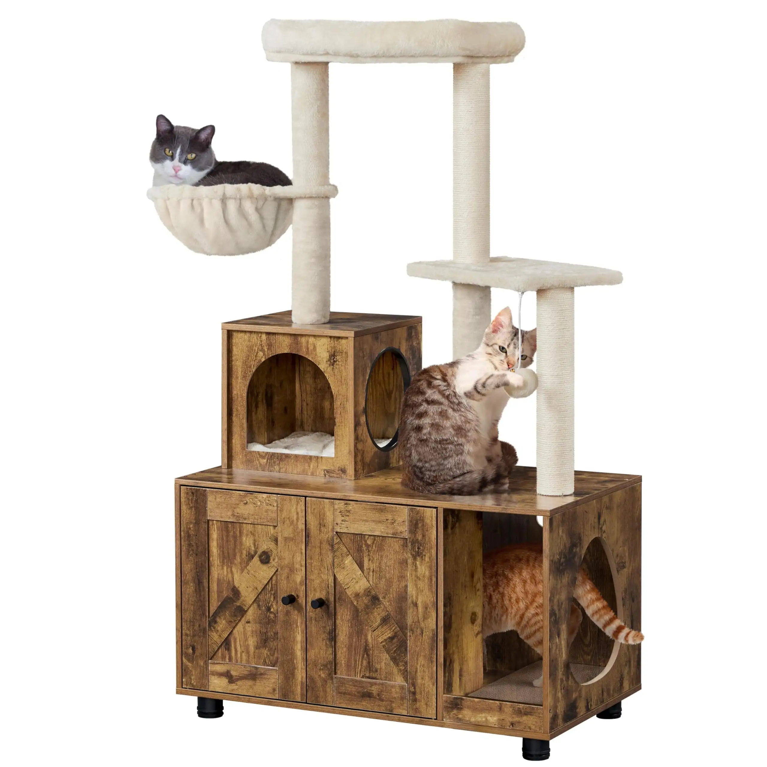 Cat Tree with Litter Box Enclosure. 2-in-1 Cat Tower with Condo & Scratching Post. 53in Tall Cat Tree for Indoor Large Cats. Cat Activity Center. Rustic Brown/Beige